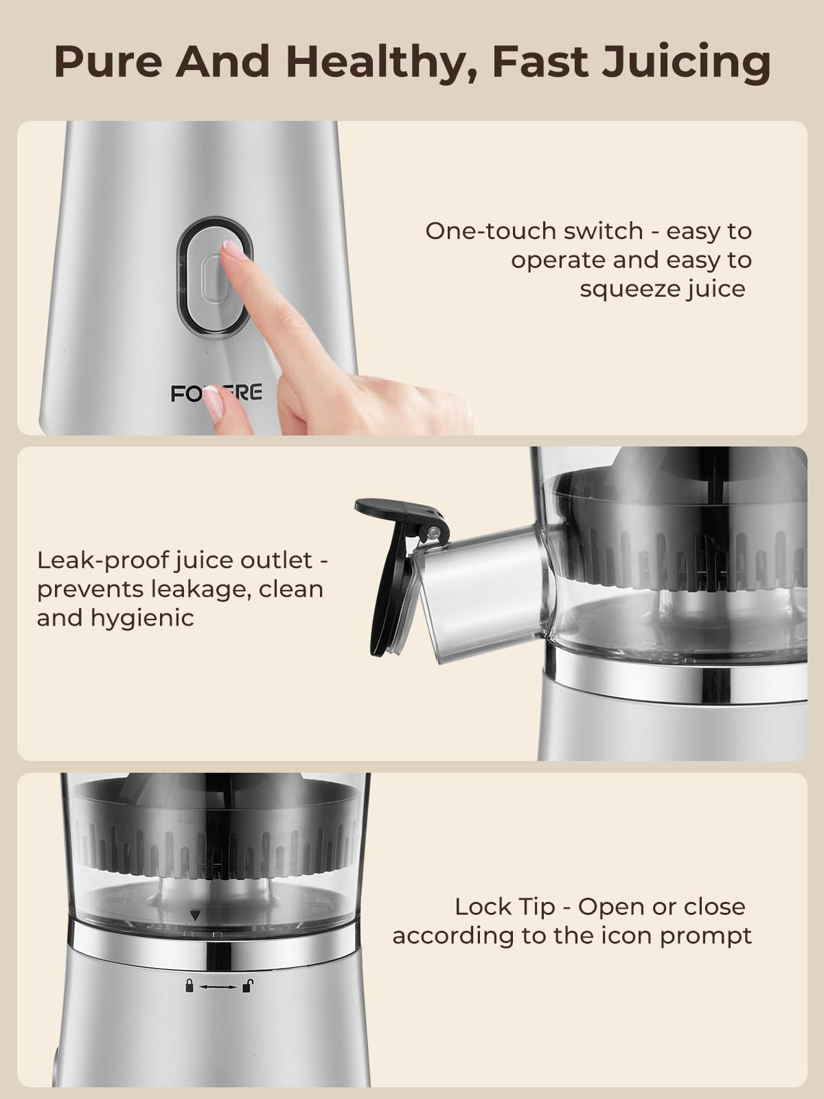 FOHERE Electric Citrus Juicer - Automatic Orange/Lemon Squeezer with Power Cord, One-Touch Operation, Easy to Clean, Portable Fruit Juicer for Home & Kitchen (Silver) - Perfect for Fresh Juice, Cocktails, and Healthy Breakfasts