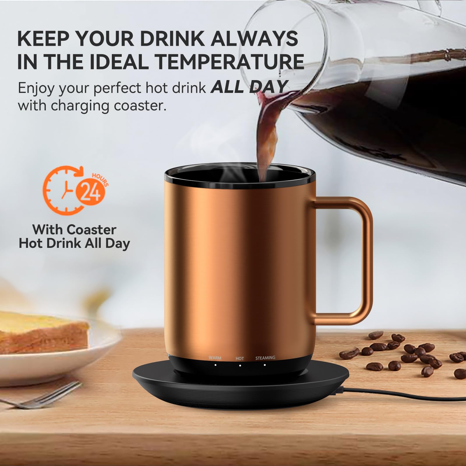 VSITOO Smart Self-Heating Coffee Mug with Temperature Control - 3 Heat Settings, App & Manual Control, 180 Min Battery Life, Fast Wireless Charging (140℉, Copper, 14oz) - Perfect for Office, Travel & Home Use