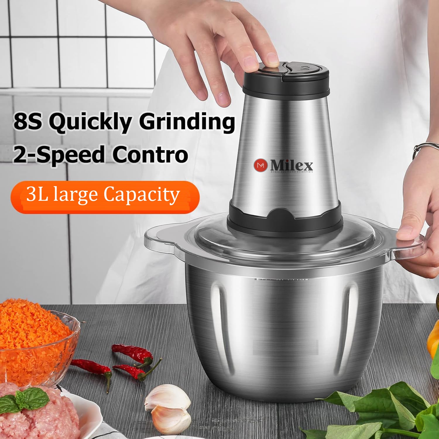 Milex Insta Chop Elite 300W Turbo Food Processor - 4 Layer Stainless Steel Blade with 39-Page Recipe Booklet - Perfect for Chopping, Slicing, and Meal Prep in Home Kitchens