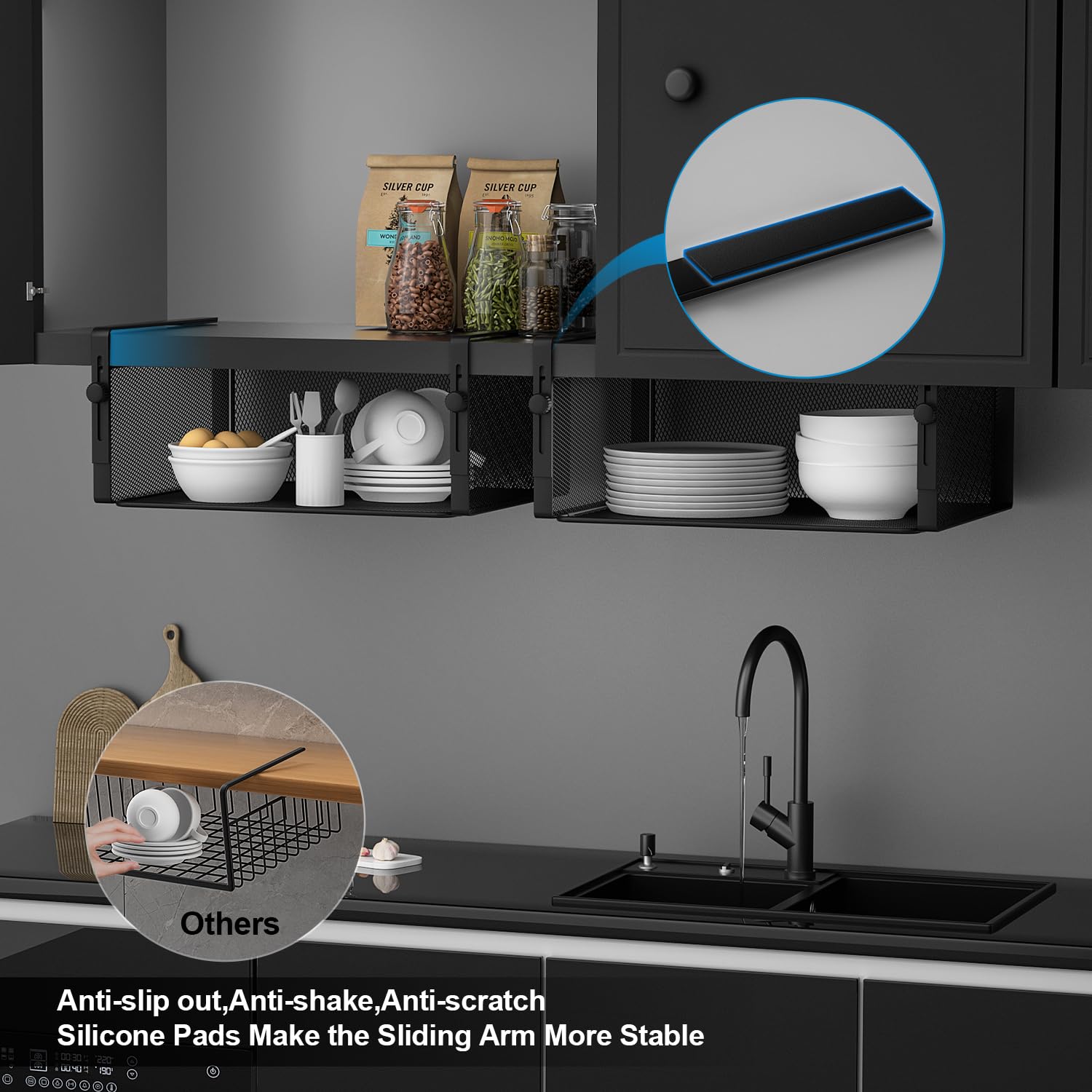 2-Pack Adjustable Under Shelf Basket Organizer - Heavy Duty Slide-in Hanging Holder for Kitchen, Pantry, Cabinet, Desk & Bookshelf - Space Saving Storage Solution for Home & Office Organization (Black, Large) - Perfect for Small Spaces, Clutter Control & Efficient Storage