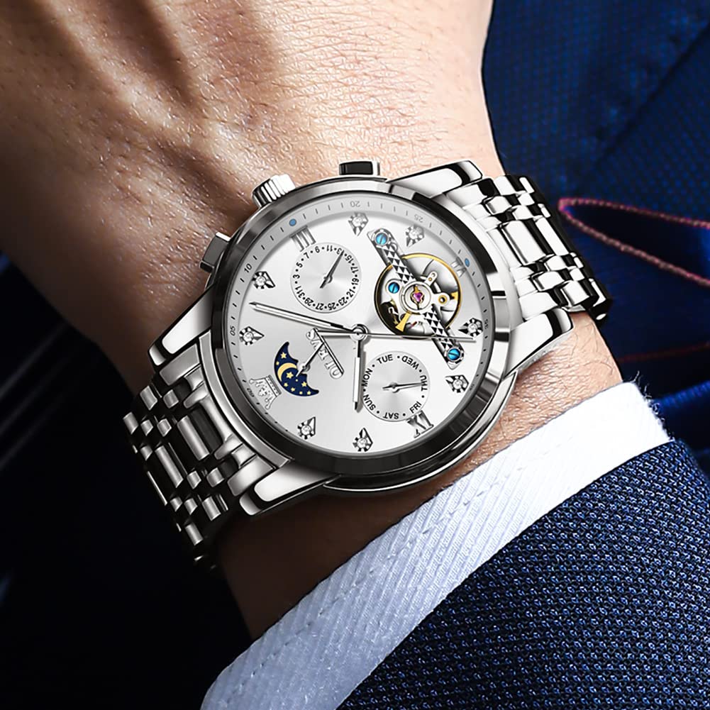 OLEVS Men's Automatic Luxury Watch with Diamond, Tourbillon & Moon Phase - Two-Tone Stainless Steel, Luminous, Waterproof - Perfect for Business, Formal Events & Gift Giving