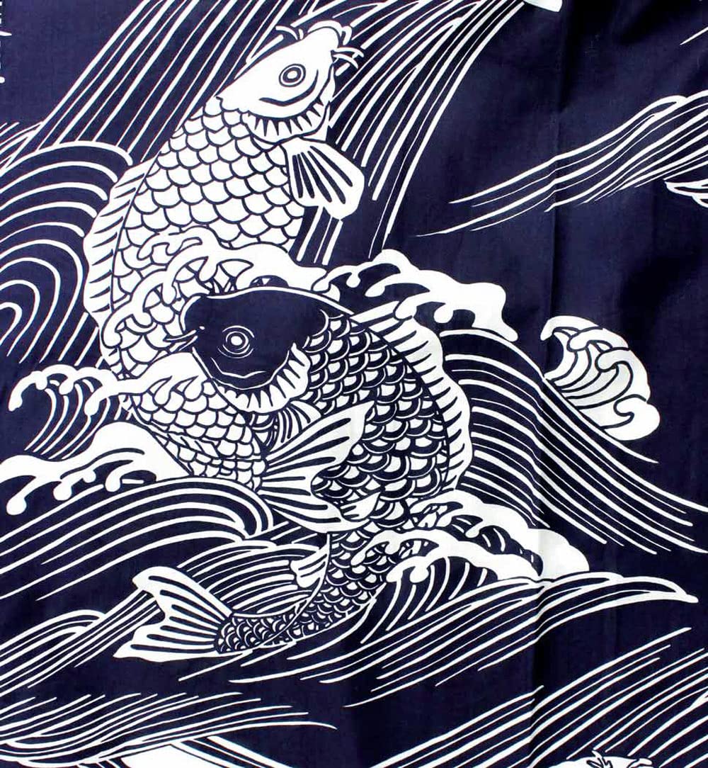 Japanese Kimono Yukata Robe for Men - 100% Cotton Long Bathrobe with Navy Carp Print - Medium Size (58
