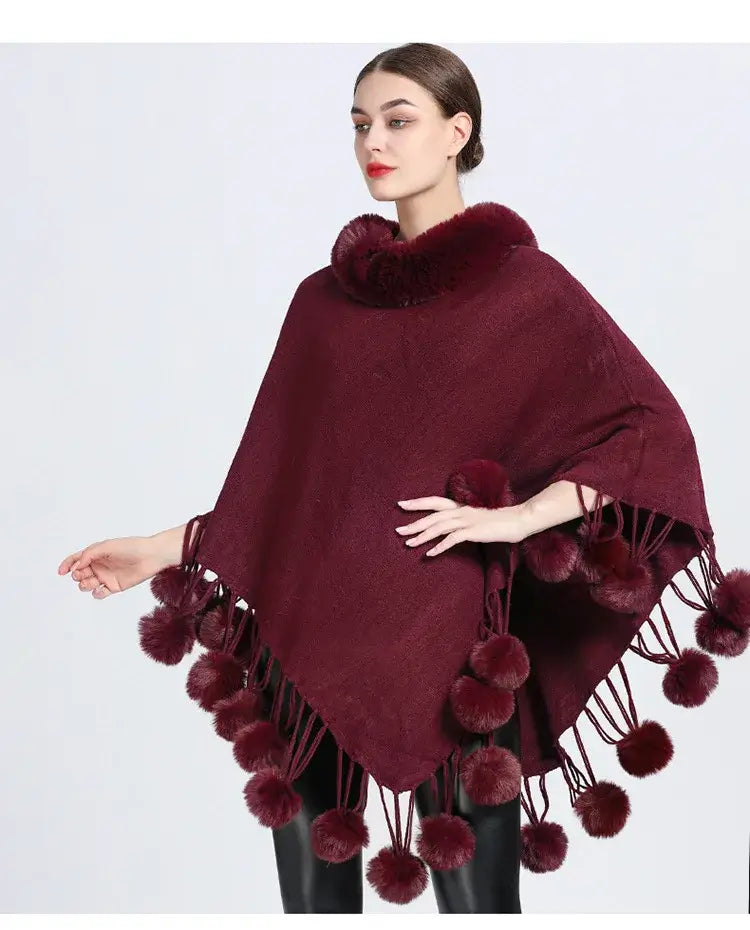 Women's Fashion Asymmetric Poncho Scarf with Soft Fur Ball Trim - Cozy Winter Wrap for Outdoors, Travel & Casual Wear