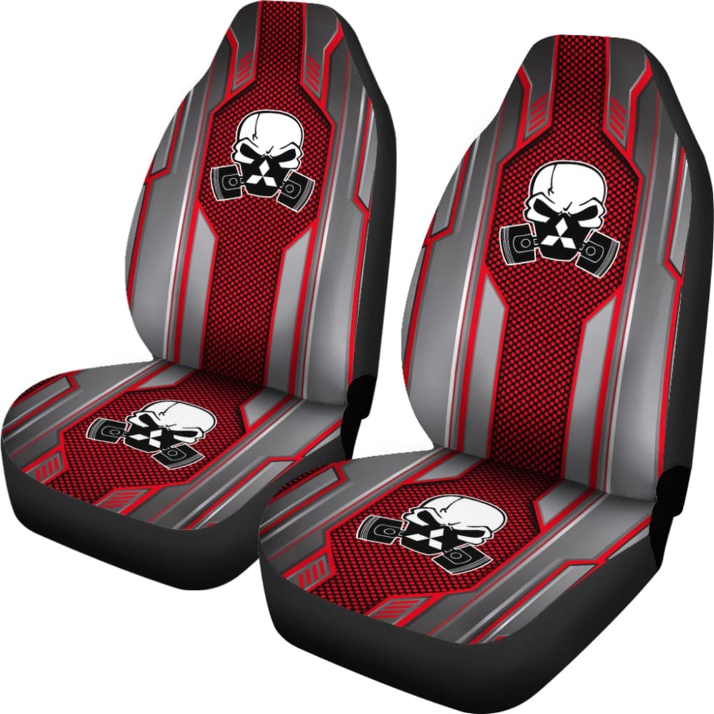 Black & Red Skull Print Mitsubishi Car Seat Covers - Durable Mechanic Style Universal Fit for Lancer, Outlander, Eclipse - Perfect for Car Enthusiasts & Horror Fans