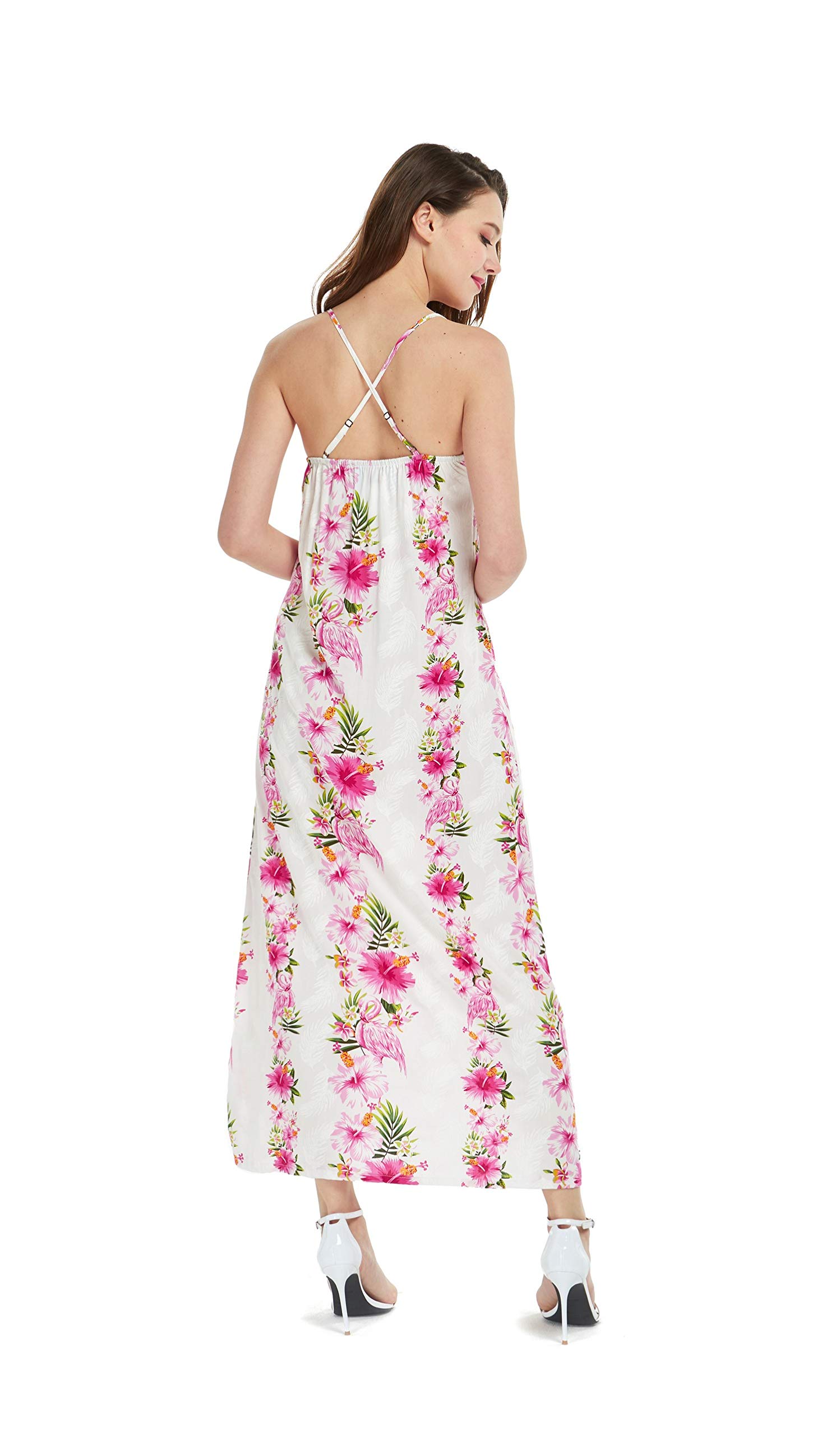 Women's Pink Hibiscus Hawaiian Luau Maxi Dress - Floral Sweetheart Neckline for Beach Parties, Vacations & Summer Weddings
