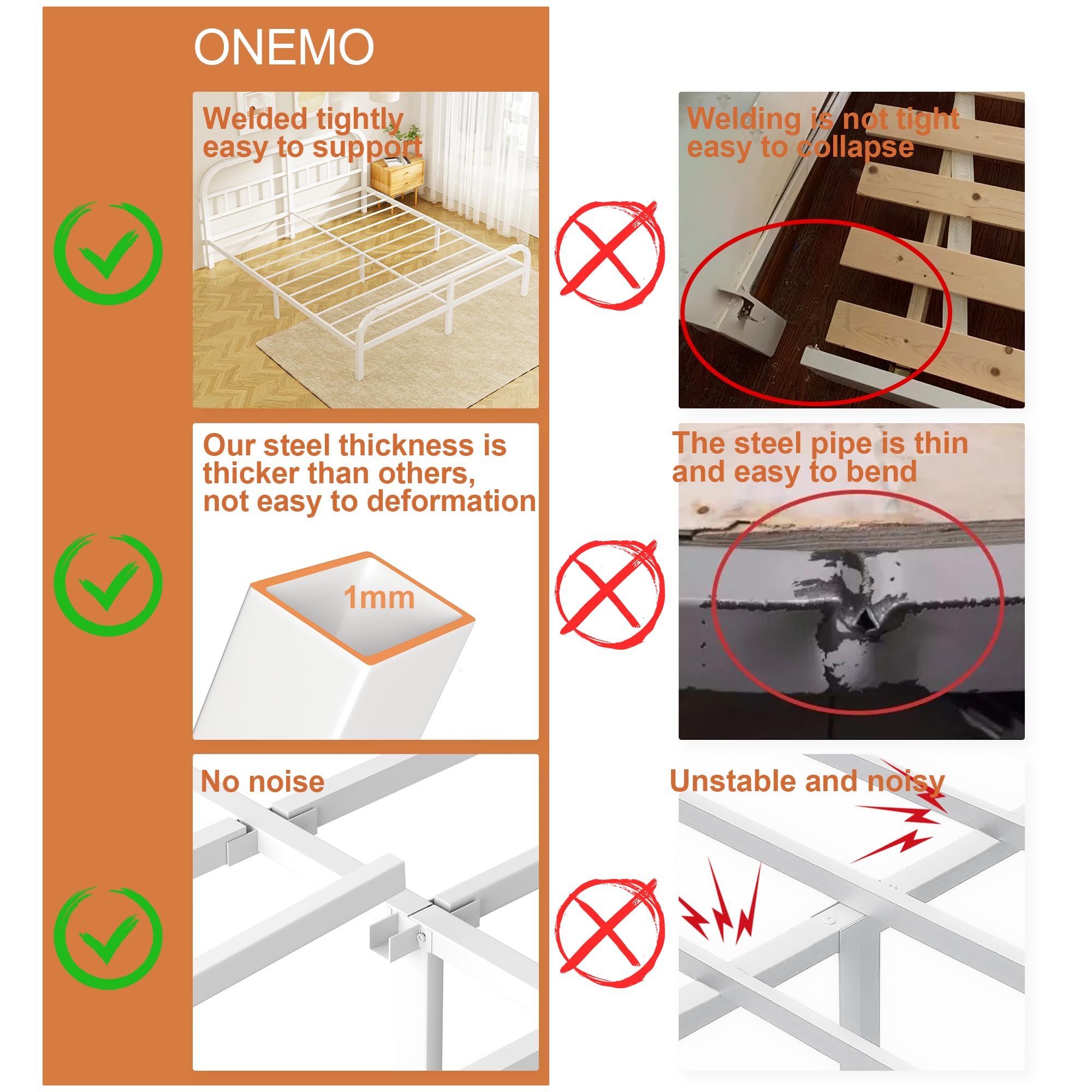 ONEMO 14 Inch California King Bed Frame with Headboard & Footboard - Heavy Duty Metal Platform Bed Frame with Sturdy Steel Support for 2000lbs - Quiet Anti-Slip Mattress Foundation in White - Perfect for Master Bedroom, Guest Room & Dormitory