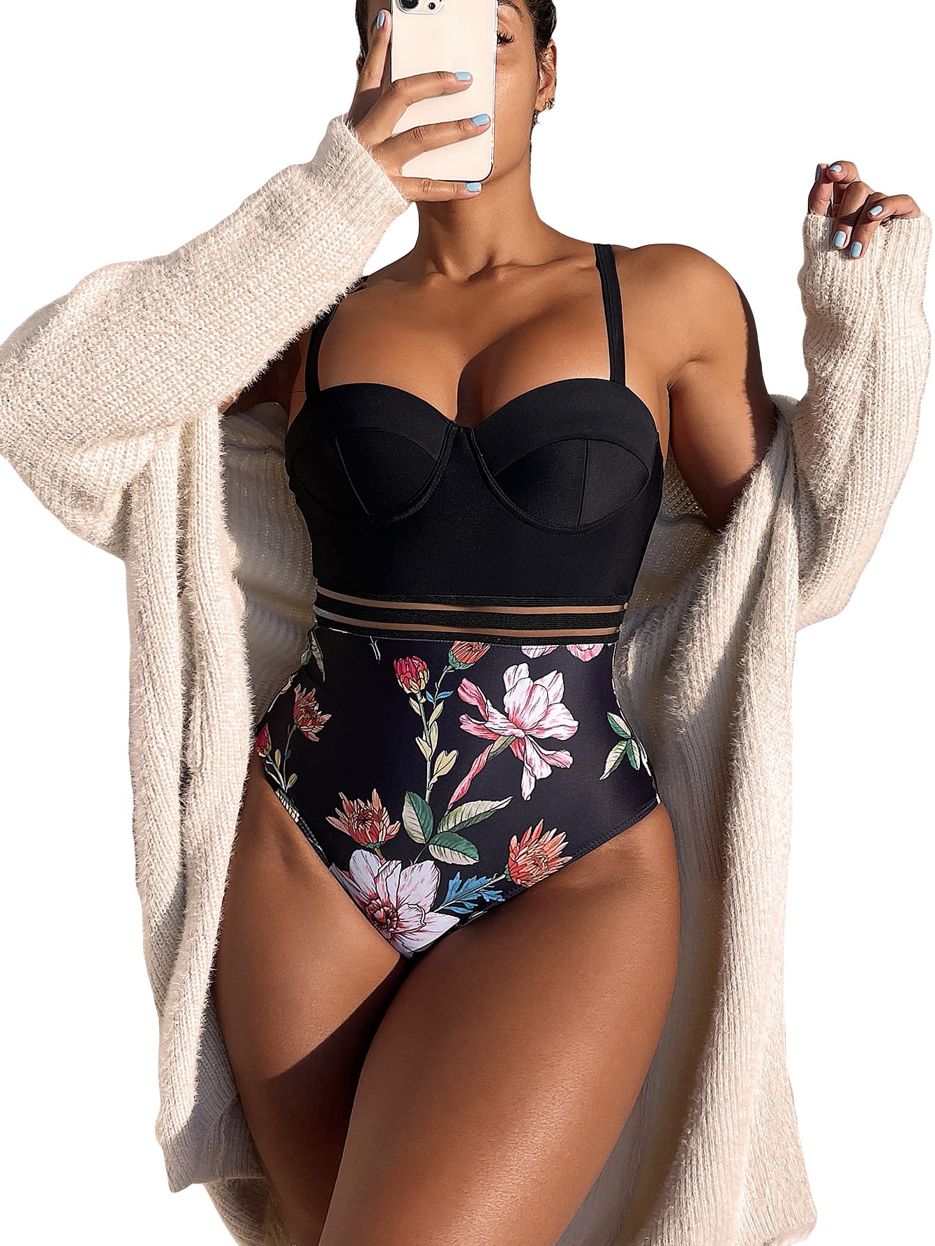 MakeMeChic Women's Floral Push Up One Piece Swimsuit - Tummy Control Bathing Suit for Beach, Pool & Vacation | Sexy Summer Swimwear