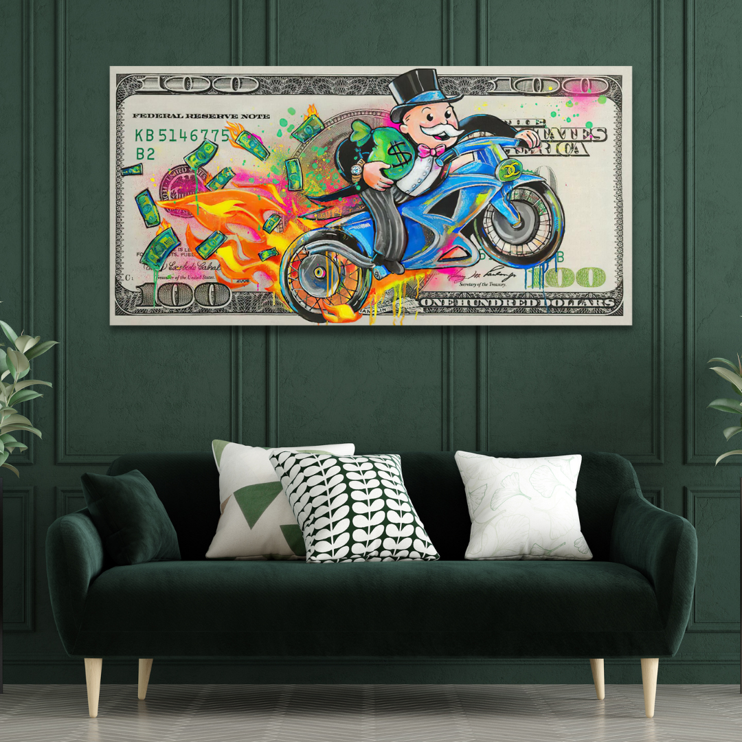 Alec Monopoly Money Millionaire on Heavy Bike Canvas Print - Wall Art for Home & Office Decor | Perfect for Living Room, Bedroom, or Man Cave