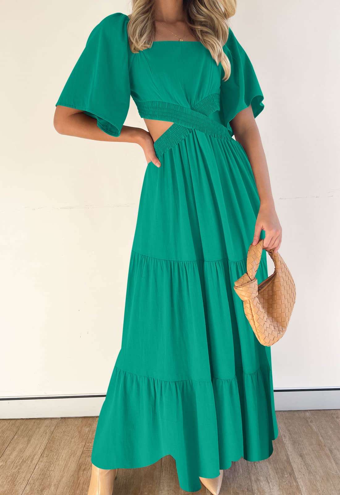 LEANI Women's 2025 Summer Cutout Maxi Dress - Square Neck Short Sleeve Crossover Waist Flowy Beach Dress for Casual Wear, Party & Vacation