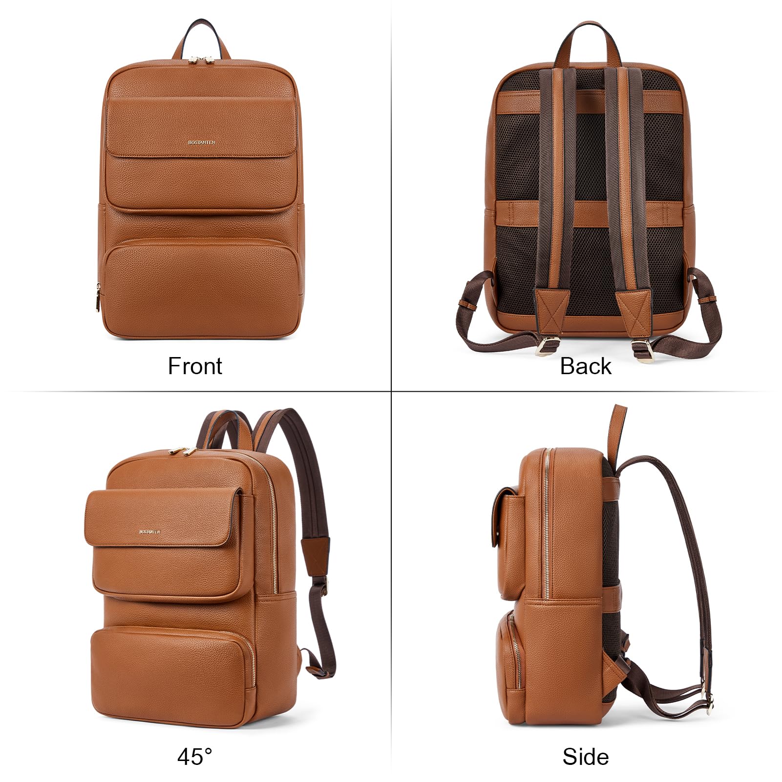 BOSTANTEN Genuine Leather Backpack for Women - 15.6 Inch Laptop Backpack, Business Travel Bag with Trolley Sleeve, Stylish Brown Shoulder Bag for Work, College & Daily Commute