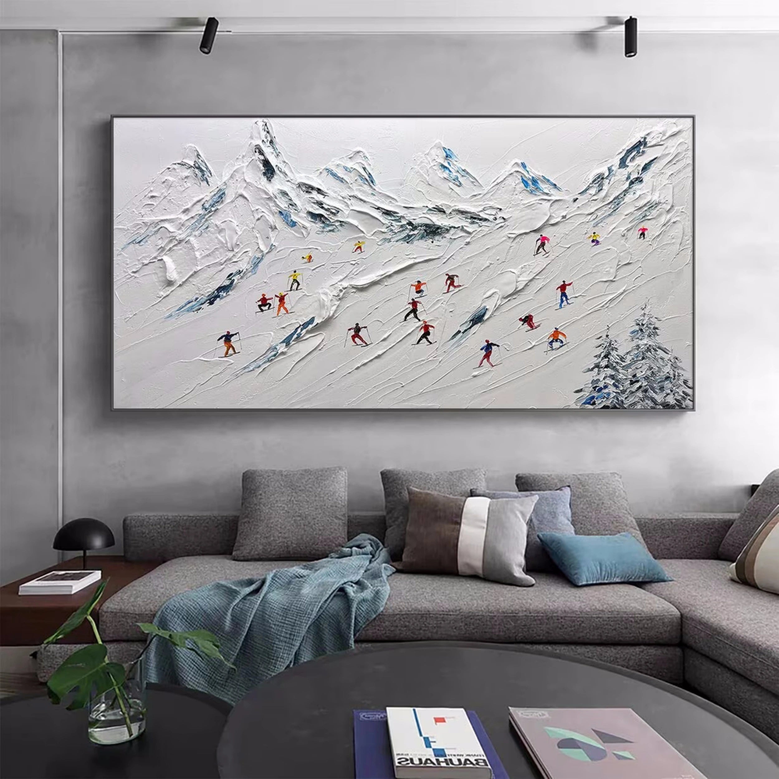 Premium Skiing Sport Art Textured Painting Canvas Wall Decor - Winter Sports Theme Home & Office Decoration (Style #MM115) | Perfect for Living Room, Bedroom, Ski Lodge & Cabin Decor