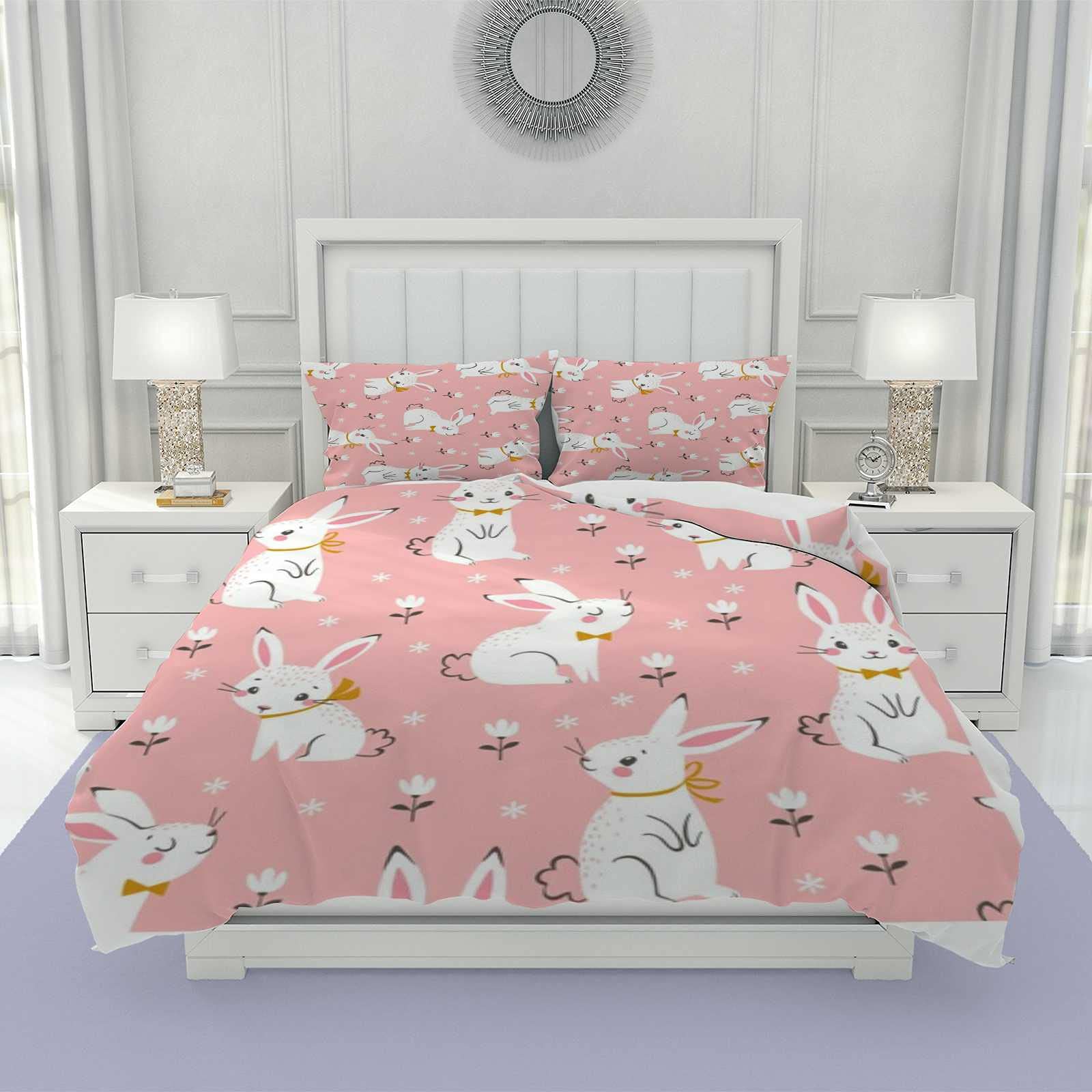 Premium 3-Piece Soft Breathable Duvet Cover Set with Zipper Closure & Corner Ties - Includes 2 Pillow Shams & 1 Comforter Cover - Floral Bunny Design for Cozy Bedroom Decor - Perfect for Kids Rooms, Guest Bedrooms & Nursery Decor