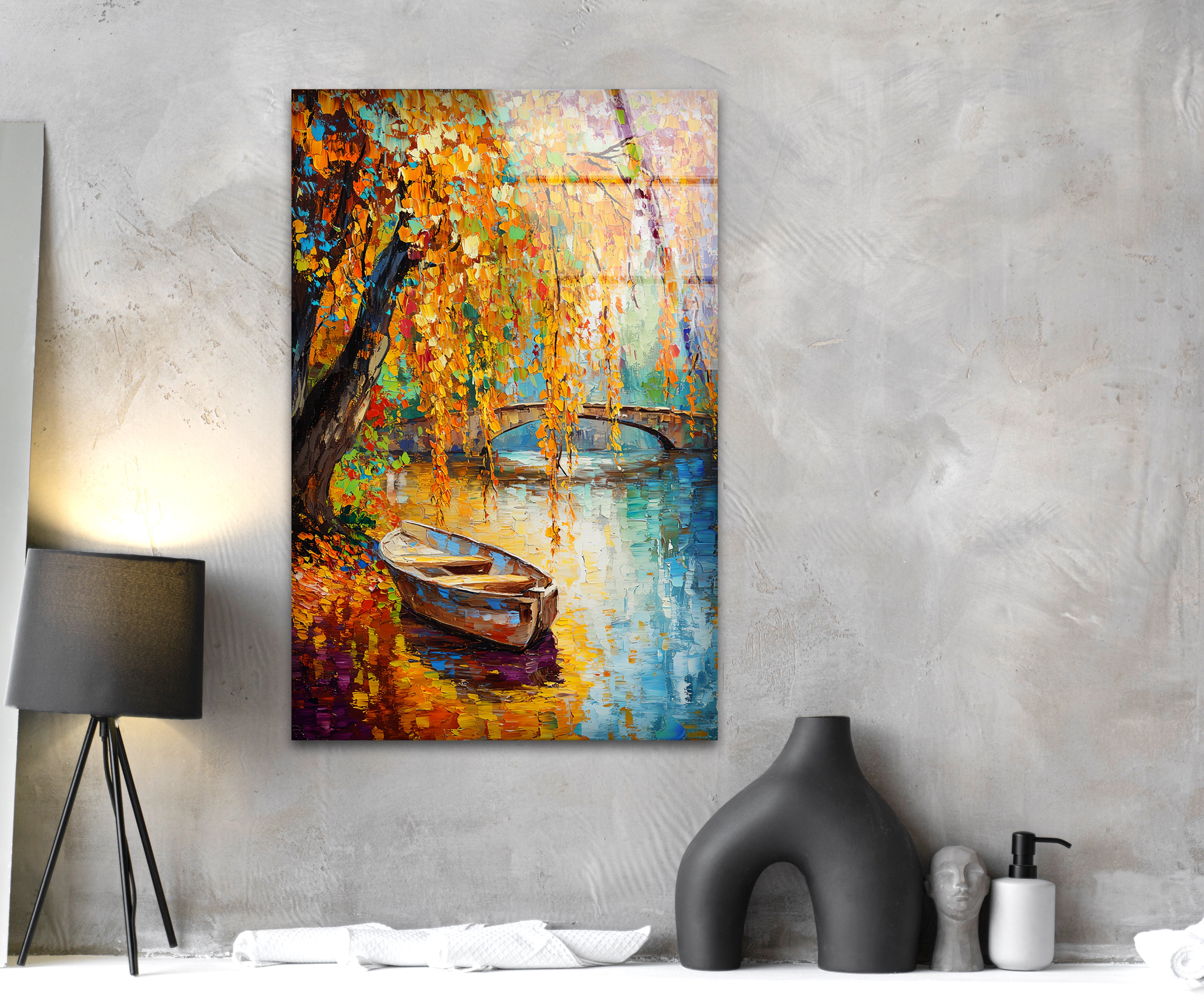 Vibrant Afremov Boat Painting - Stunning Glass Wall Art for Home & Office Decor - Perfect for Living Room, Bedroom, or Gift