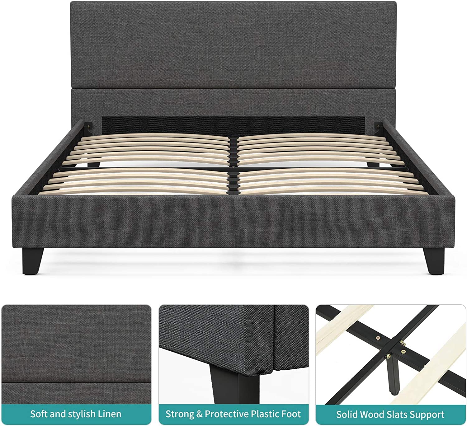 Full Size Bed Frame with Headboard - Wood Slat Support Platform Bed, No Box Spring Needed - Sturdy Low Profile Design for Modern Bedrooms & Guest Rooms