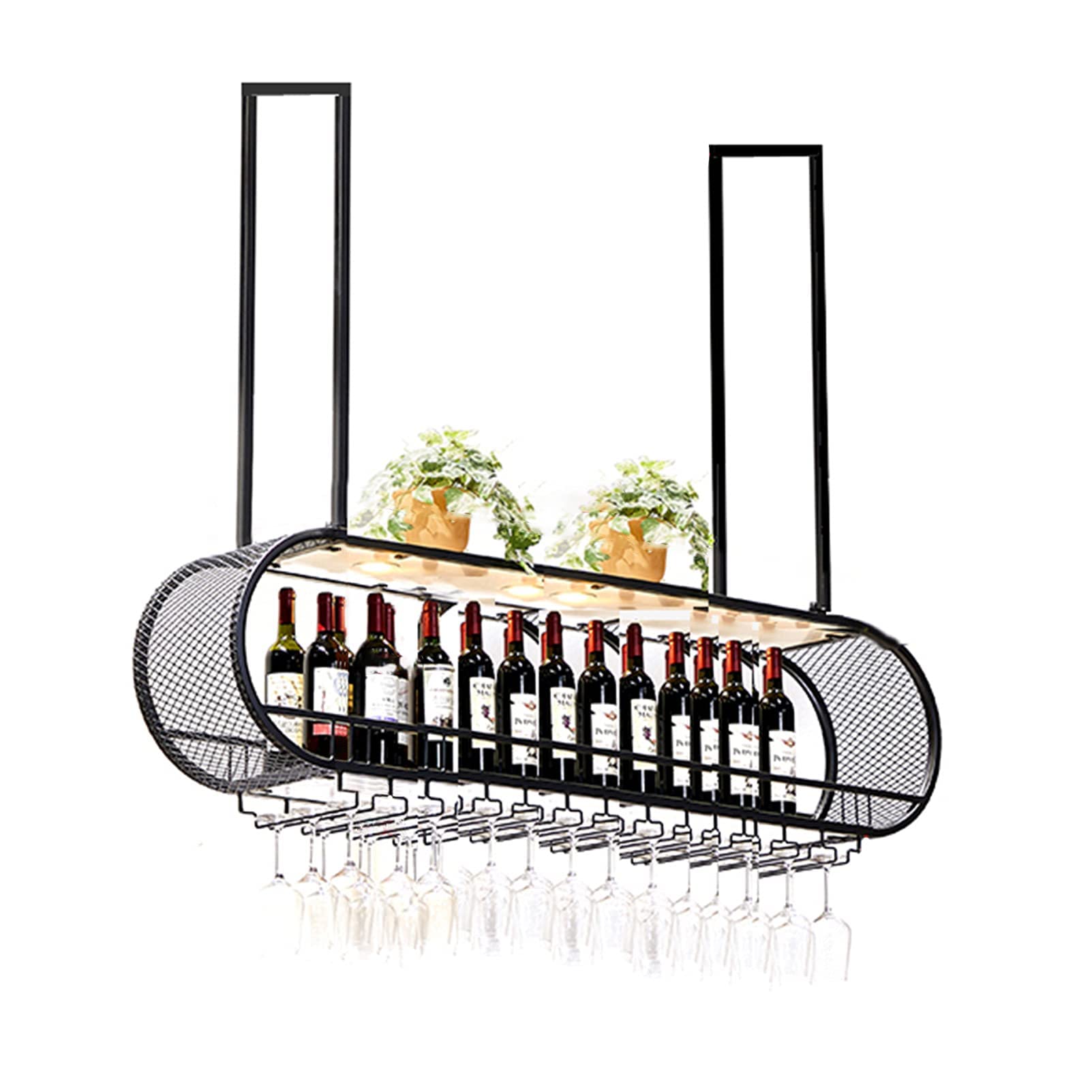FMOGG Wall Mounted Wine Bottle Holder & Glass Rack - Industrial Black Metal Wine Storage Shelf for Kitchen, Bar Cabinet - Perfect for Home Bars, Restaurants, and Wine Cellar Organization