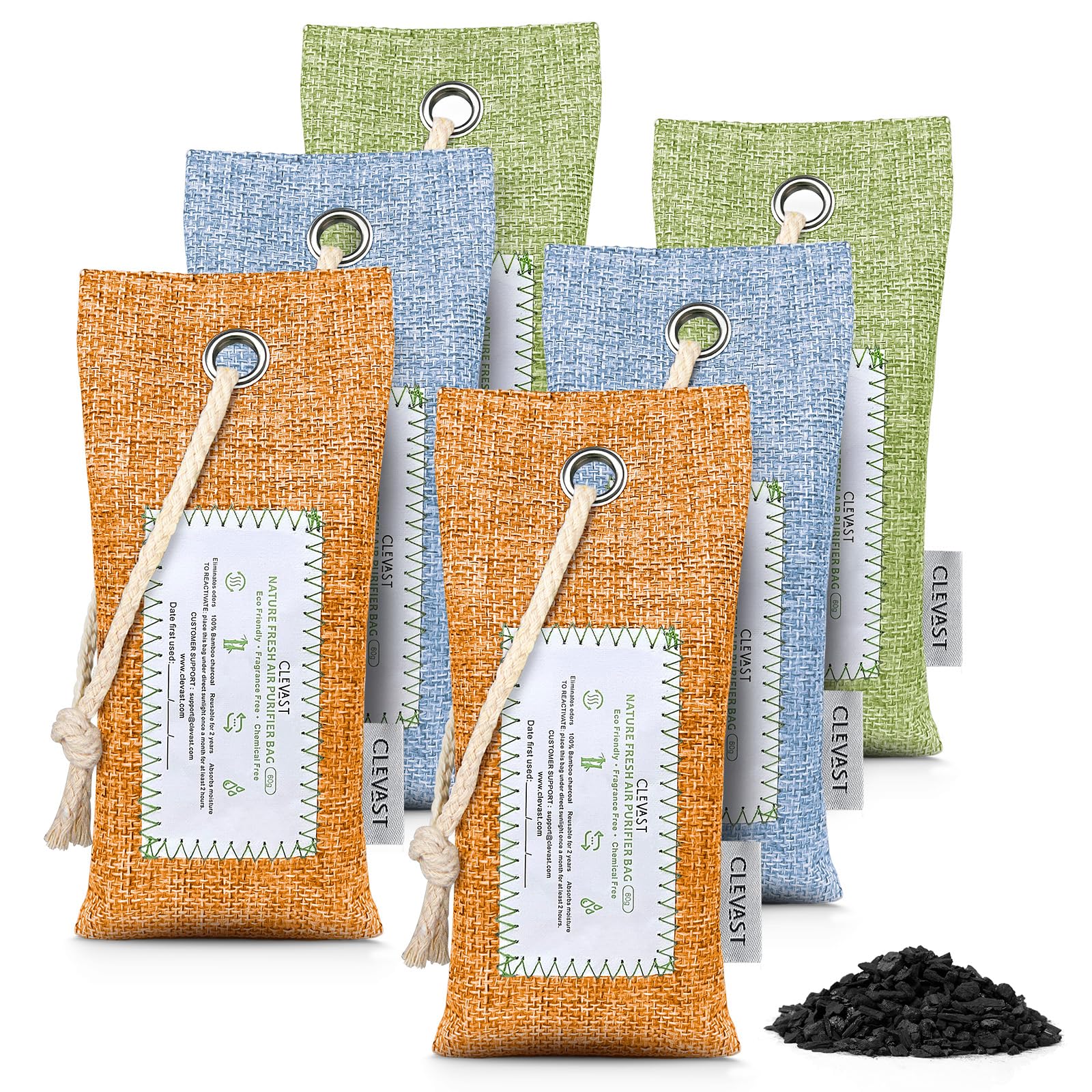 CLEVAST 6 Pack Bamboo Charcoal Air Purifying Bags (6x60g) - Natural Activated Odor Absorber, Moisture Eliminator & Deodorizer for Home, Closet, Shoes, Car & Pet Areas | Eco-Friendly Air Freshener for Fresh & Clean Spaces