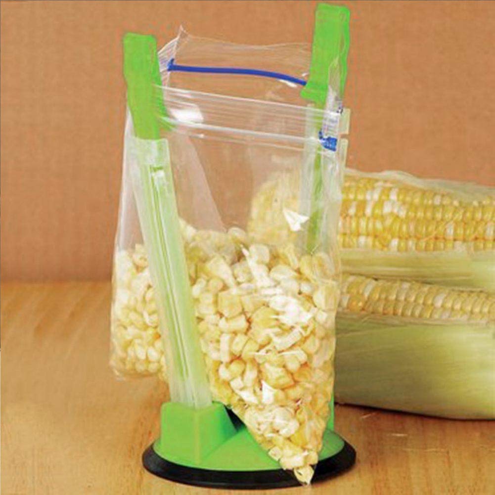 Adjustable Hands-Free Baggy Rack Clip - Kitchen Food Storage Bag Opener Holder with Non-Slip Rubber Base (Green) | Perfect for Meal Prep, Snack Storage & Pantry Organization