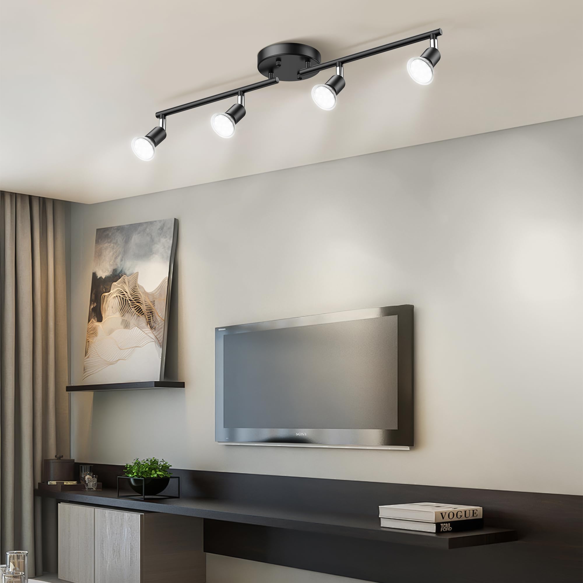 4-Light LED Track Lighting Kit - Adjustable Black Ceiling Spotlight with GU10 Bulbs for Kitchen, Cabinet, Gallery, Bar, Hallway & Living Room | Modern Flexible Fixture for Home & Office Lighting