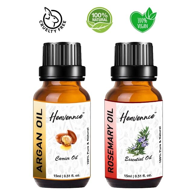 Heavennce Argan Oil & Rosemary Oil Combo for Hair Growth, Skin Moisturizing & Anti-Aging | Natural Hair Care & Skin Rejuvenation Treatment | Aromatherapy Essential Oils Duo | Perfect for Daily Hair Routine & Spa Night Self-Care (Pack of 2, 30ML Each)