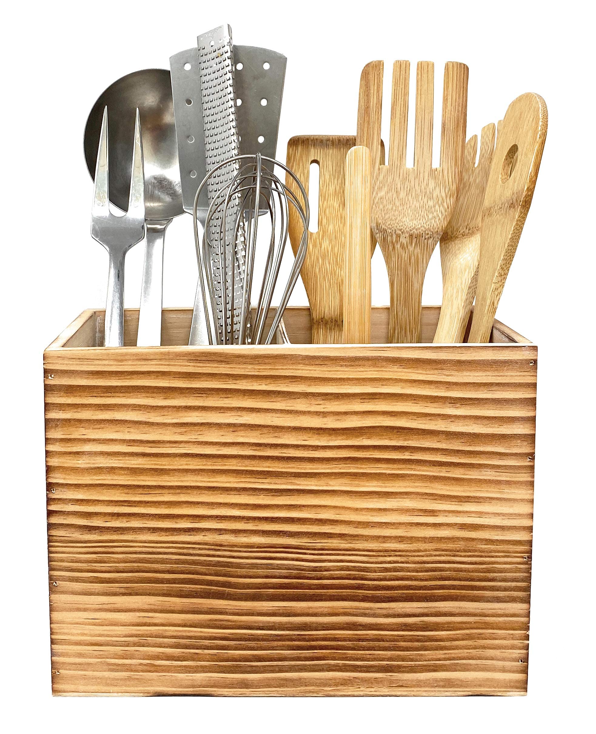 Farmhouse Style Wooden Kitchen Utensil Holder - 2 Compartment Countertop Organizer for Spatulas, Spoons & Cooking Tools - Rustic Kitchen Decor for Counter, Stove or Dining Table Storage