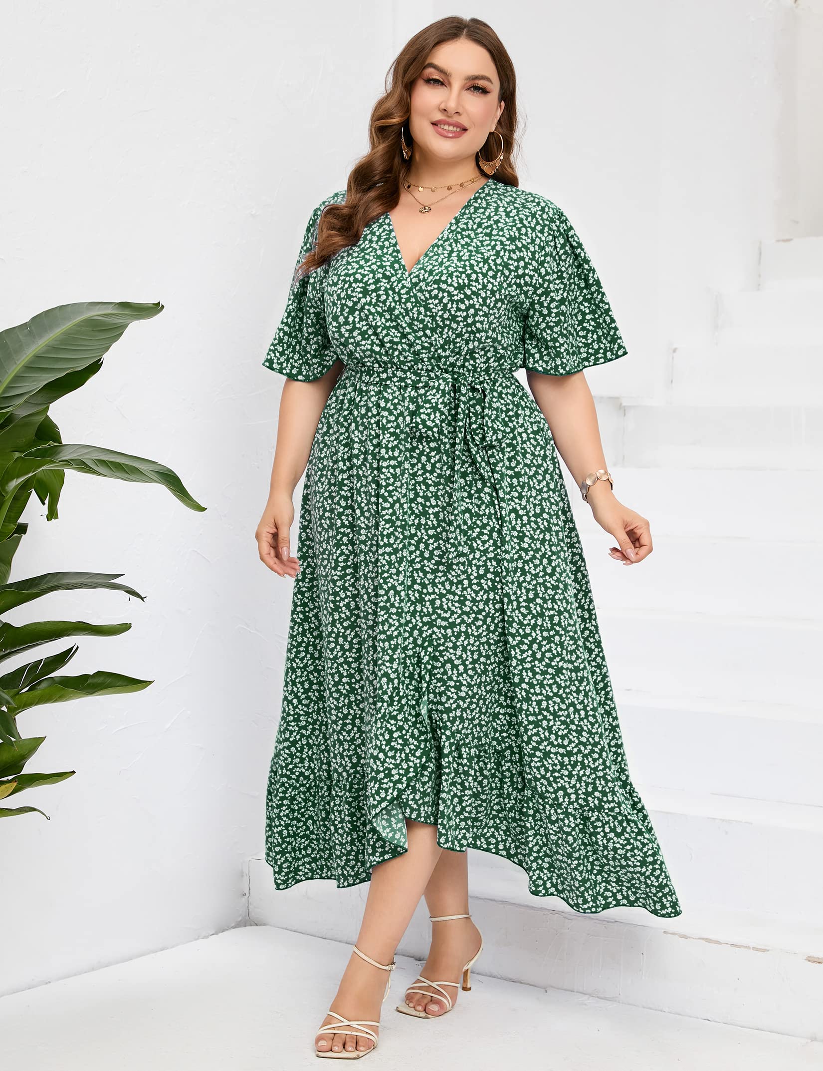 KOJOOIN Women's Plus Size Casual Floral Print Dress - Short Sleeve V-Neck A-Line Ruffle Summer Dress for Beach, Party & Everyday Wear