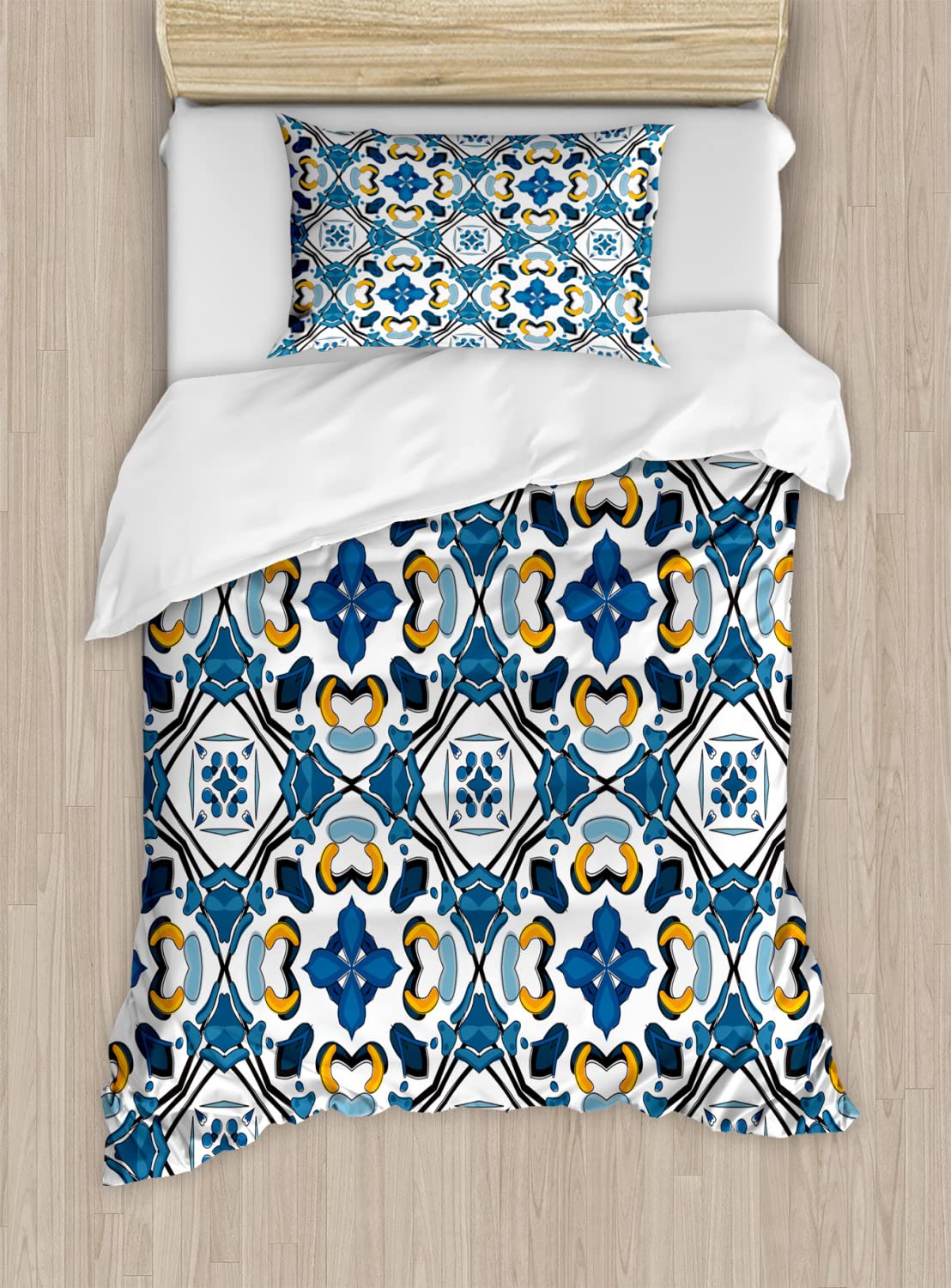 Ambesonne European Duvet Cover Set - Portuguese Ceramic Tile Art Design, Queen Size 2-Pack with 2 Duvet Covers & 4 Pillowcases, Royal Blue - Luxury Bedding for Master Bedroom, Guest Room & Vacation Homes