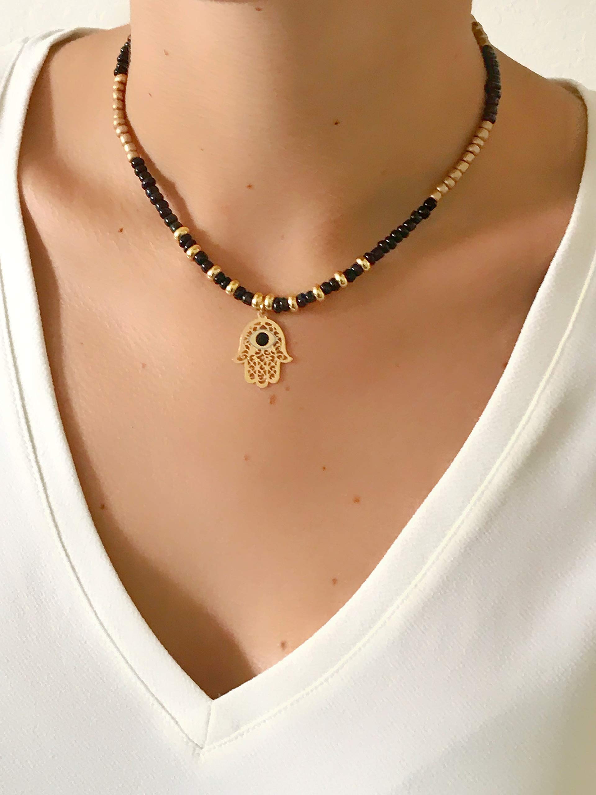 Handmade Hamsa Beaded Choker Necklace - Adjustable Tiny Bead Design for Women | Boho Jewelry Gift for Festivals, Weddings & Everyday Wear