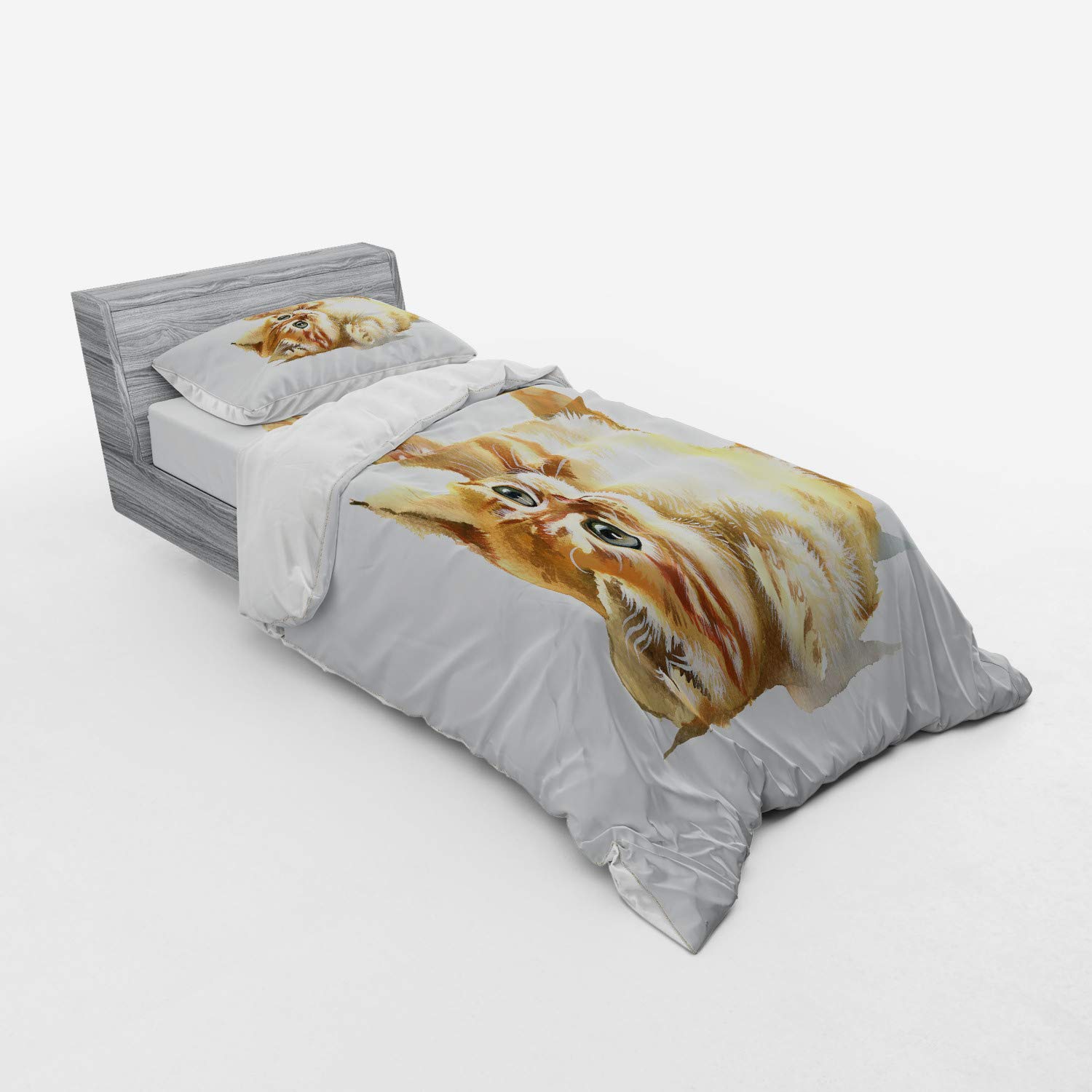 Ambesonne Cat Playing with Feather Watercolor Duvet Cover Set - 3 Piece Twin XL Bedding with Sham & Fitted Sheet, Apricot Cream White - Perfect for Kids' Rooms, Animal Lovers & Boho Chic Bedrooms