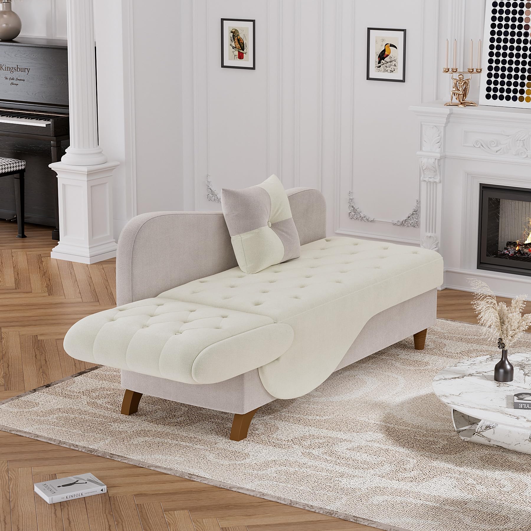 OUYESSIR Velvet Adjustable Recliner Chaise Lounge Chair with Storage & Pillow - Button Tufted Upholstered Sofa for Living Room, Bedroom, Office - Beige Gray - Perfect for Relaxing, Reading & Small Space Living