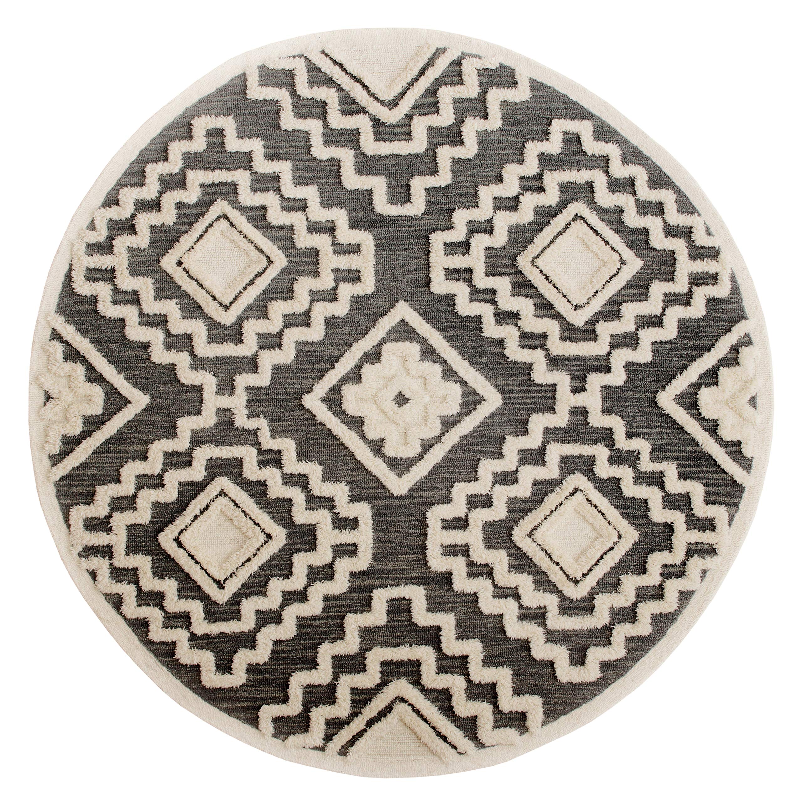 LR Home 6ft Round Indoor Natural Wool Area Rug - Hand Tufted Modern Farmhouse Boho Carpet for Bedroom, Living Room, Office, Entryway | Gray/Cream Home Decor Rug | Perfect for Cozy Spaces, Boho Chic Interiors & Farmhouse Style Rooms