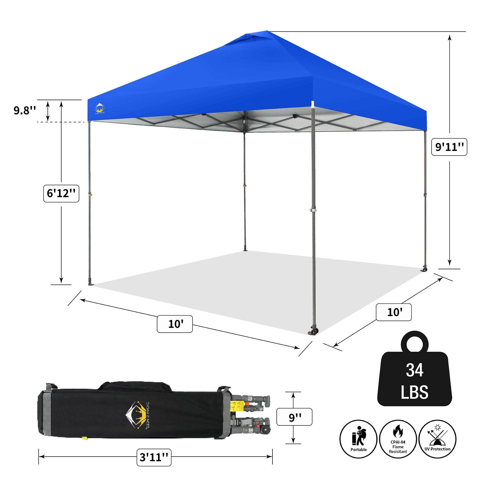 CROWN SHADES 10x10 Pop Up Canopy Tent - Adjustable Height Beach Shade with One Push Setup - Portable Outdoor Sun Shelter for Camping, Picnics, Backyard Parties - Includes STO-N-Go Carry Bag (Blue) | Perfect for Beach Days, Tailgating & Outdoor Events