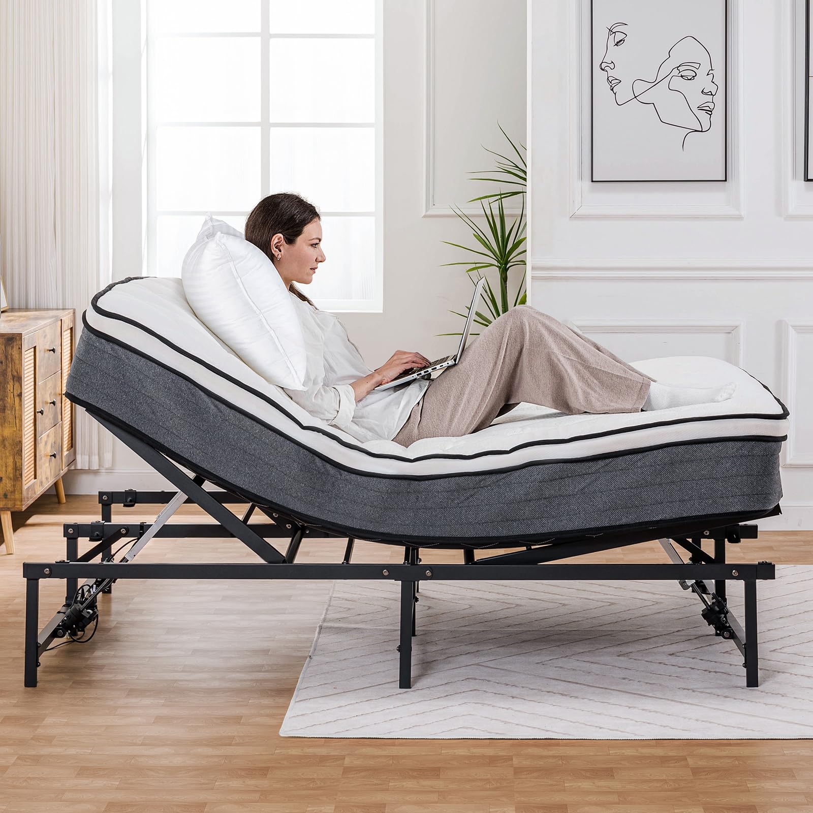 COMHOMA King Size Adjustable Bed Frame with Remote Control - Independent Head & Foot Incline, Mattress Holder - Bed Base Only (73