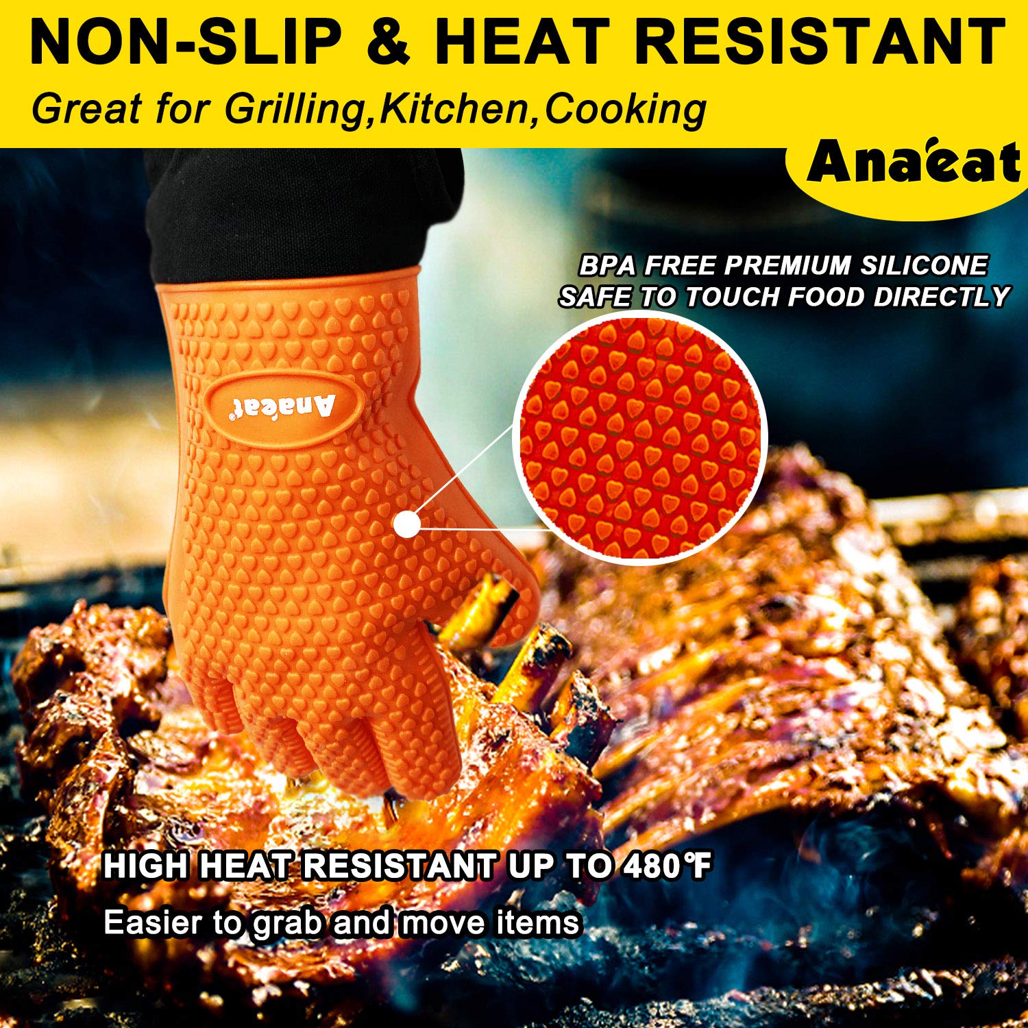 Heat Resistant BBQ Grilling Gloves - Waterproof Oven Mitts with Cotton Lining for Barbecue, Baking & Cooking - Flexible Silicone Potholder with Long Wrist Protection (Orange) - Perfect for Outdoor Grilling, Kitchen Baking & Hot Food Handling