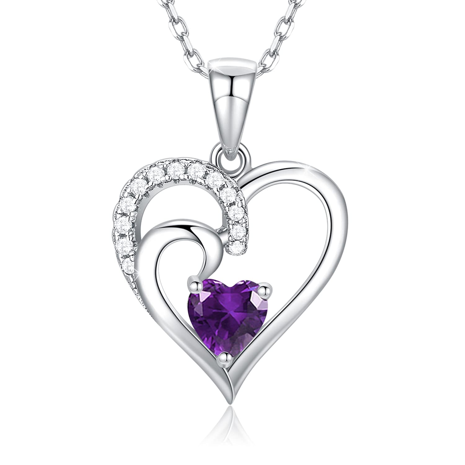 Birthstone Necklace for Women - Sterling Silver CZ Heart Pendant Jewelry - Mothers Day Gift for Mom, Birthday Gift for Wife, Daughter, Teen Girls - 16