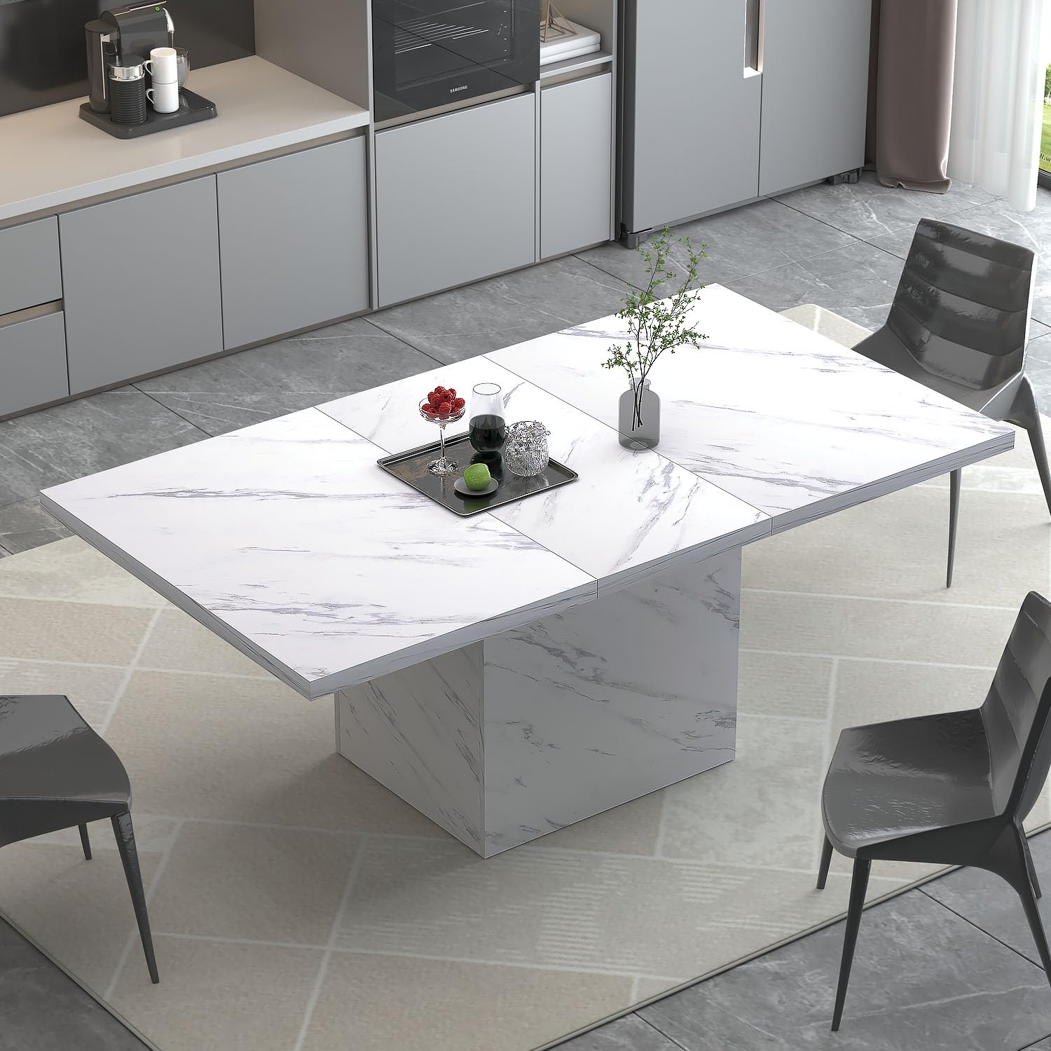HSH White Faux Marble Dining Table - 63 Inch Modern Farmhouse Style Kitchen Table for 6 People, Sturdy Wood Base with Pedestal Support, Rectangle Design for Dining Room & Living Room | Perfect for Family Gatherings, Dinner Parties & Home Decor