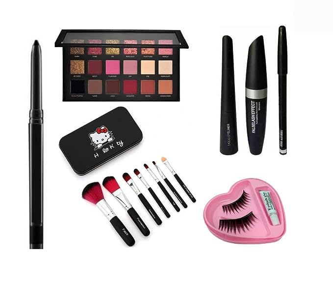KAARM 18-Color Rose Gold Eyeshadow Palette with Hello Kitty Makeup Brush Set, Mascara Combo, Black Kajal & False Eyelashes - Perfect for Party, Wedding & Everyday Glam Makeup Looks