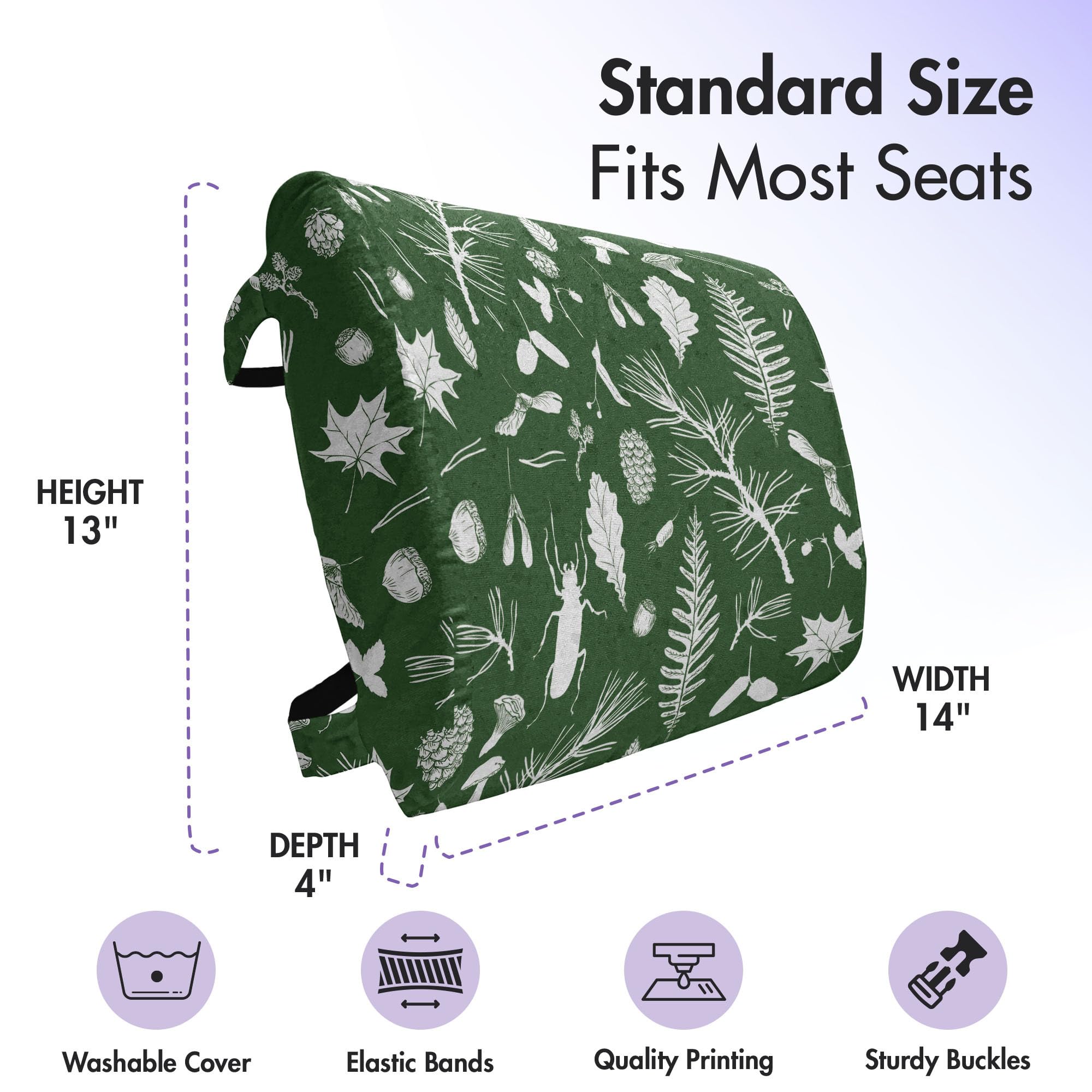 Ambesonne Woodsy Lumbar Support Pillow - Hand-Drawn Forest Design with Leaves, Twigs & Pine Cones - High Density Foam for Office Chair & Car Seat - 14x13 Inches - Dark Forest Green & White - Perfect for Home Office, Gaming Chair & Long Road Trips