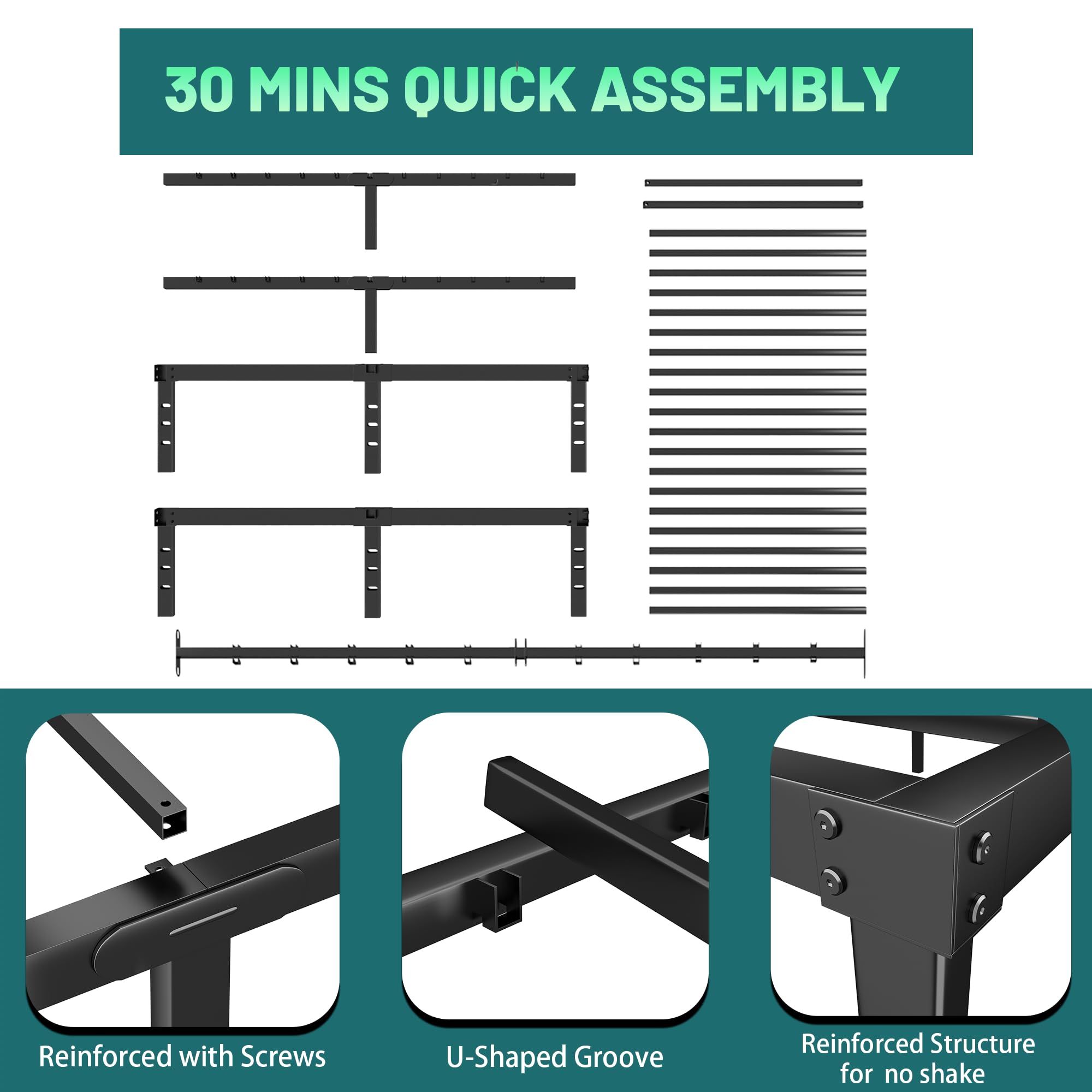 14 Inch Metal Platform Bed Frame Queen Size - Steel Slat Support, No Box Spring Needed - Easy Assembly with Storage Space - Black - Perfect for Modern Bedrooms & Guest Rooms
