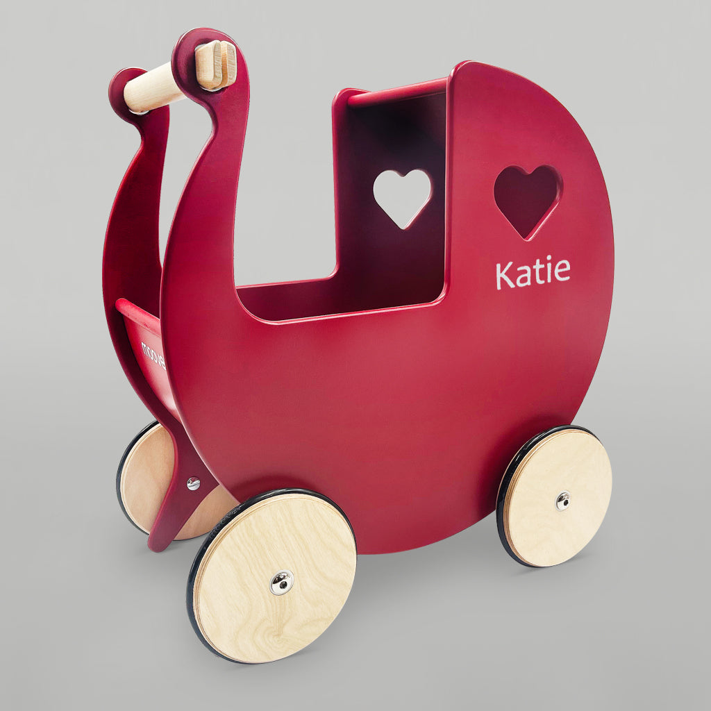 Personalized Red Wooden Baby Pram with Bernard Bear - Perfect for Newborn Gifts & Nursery Decor