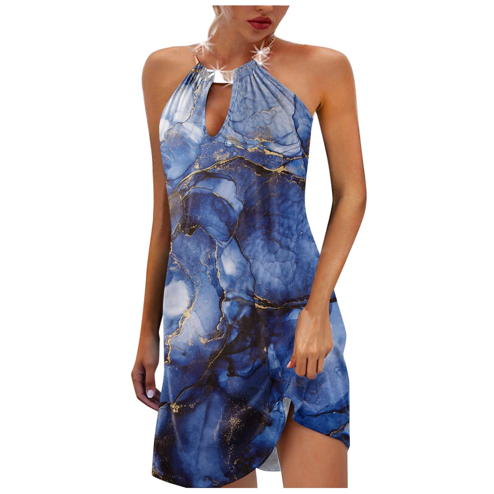 Sexy Gold Marble Print Halter Sun Dress for Women - Sleeveless Mini Tank Dress for Summer Beach Vacation, Pool Party & Outdoor Date Night
