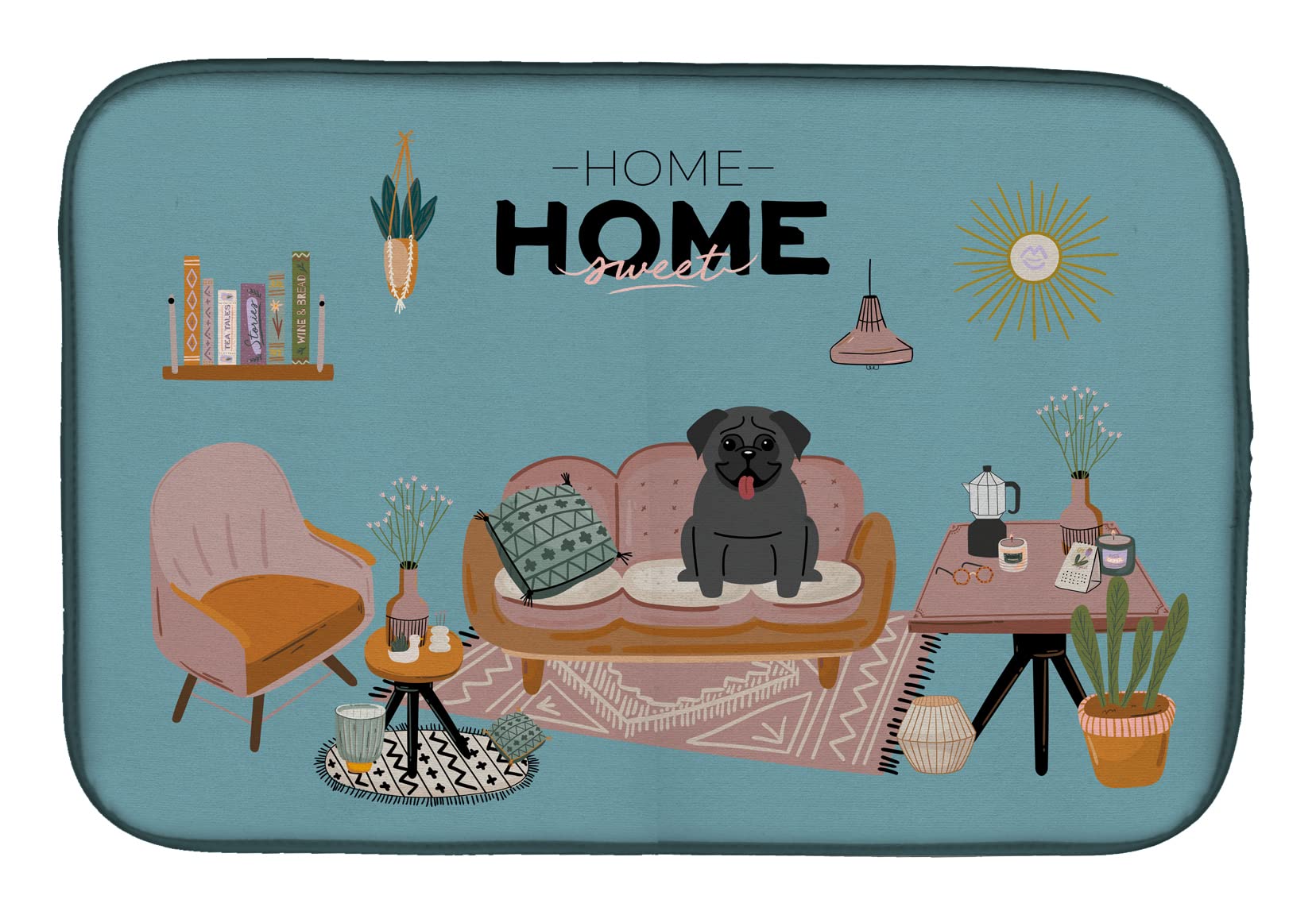 Black Pug Sweet Home Absorbent Dish Drying Mat - 14 x 21 Inch Kitchen Countertop Pad | Cute Dog-Themed Dish Drainer for Counter, Sink & Drying Dishes | Perfect for Pet Lovers & Cozy Home Decor
