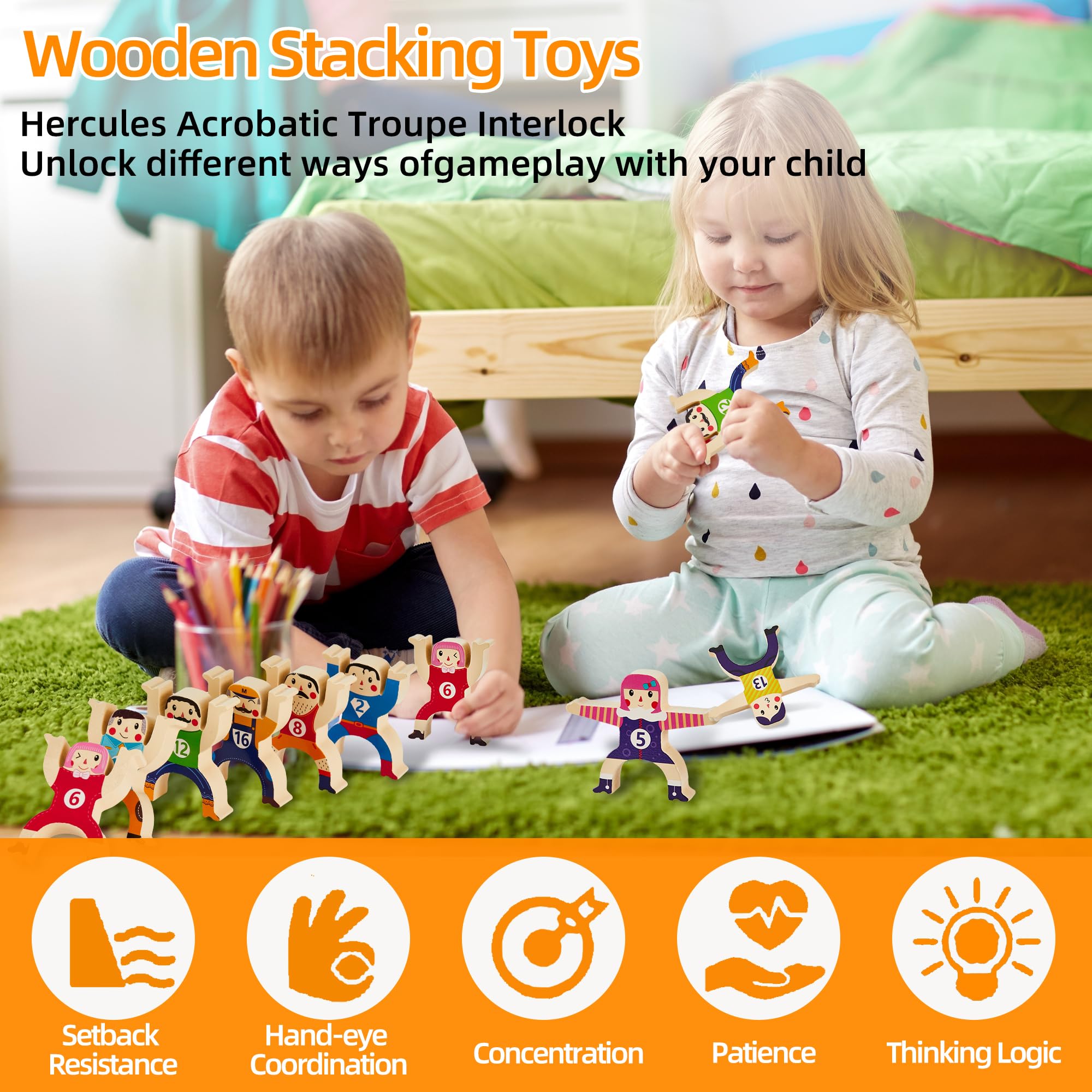 Wooden Stacking Toys 16Pcs - Balancing Building Blocks Game for Kids & Adults | Circus Hercules Acrobatic Interlocking Puzzle Toy | STEM Learning Gift for Toddlers Ages 3-6 | Perfect for Family Game Night & Classroom Activities