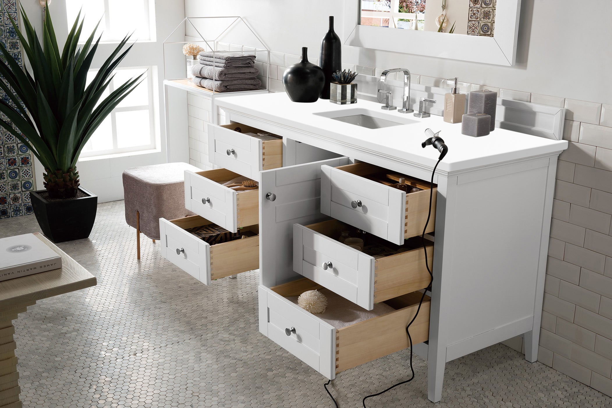Palisades 60 Inch Single Bathroom Vanity Set with 3CM Classic White Quartz Countertop - Bright White Finish for Modern Bathroom Remodel & Home Upgrade