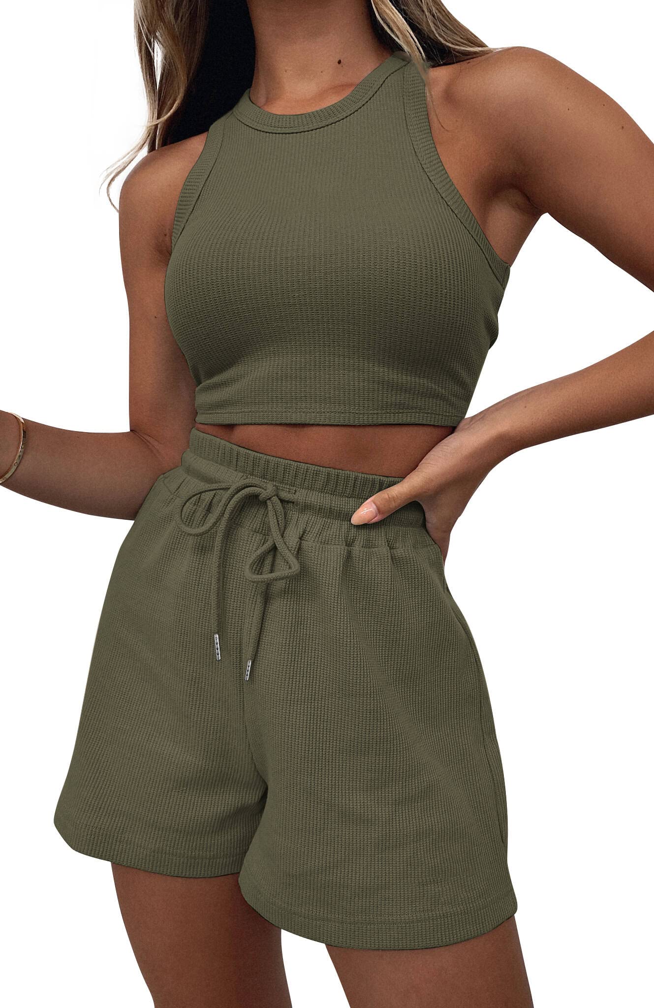 Lingswallow 2-Piece Women's Lounge Set - Sleeveless Crop Top & Waffle Shorts | Soft Comfortable Tracksuit for Women | Perfect for Yoga, Home Relaxation & Casual Wear