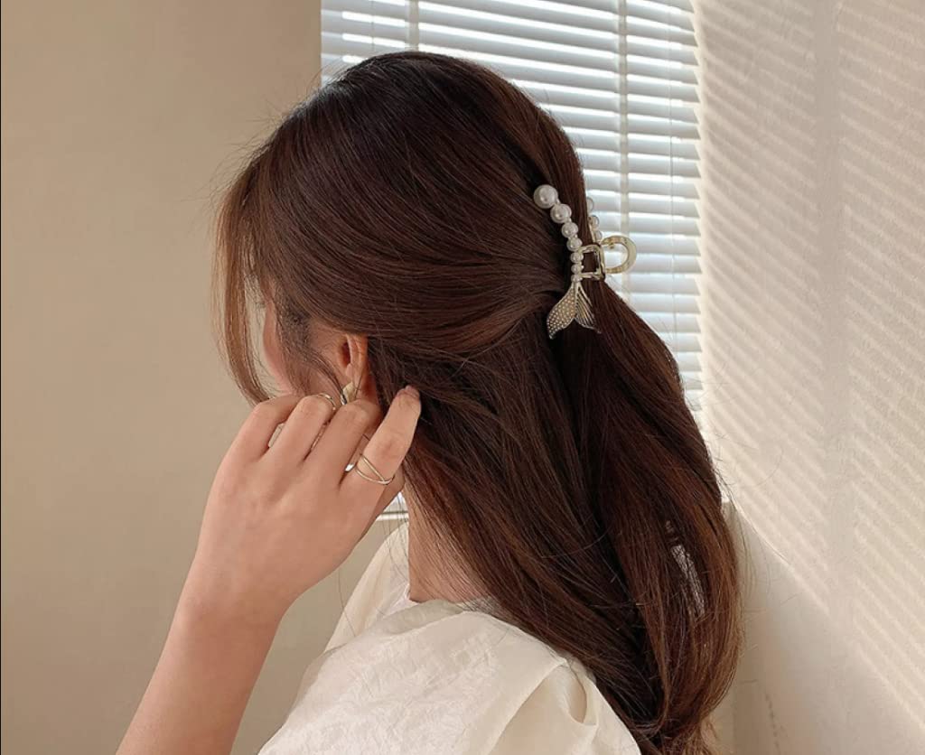 Large Hair Clips for Thick Hair - Pearl Fish Tail Claw Clips with Non-Slip Grip | Korean Trendy Hair Accessories for Women | Perfect for Updos, Ponytails & Everyday Styling (Pack of 1)