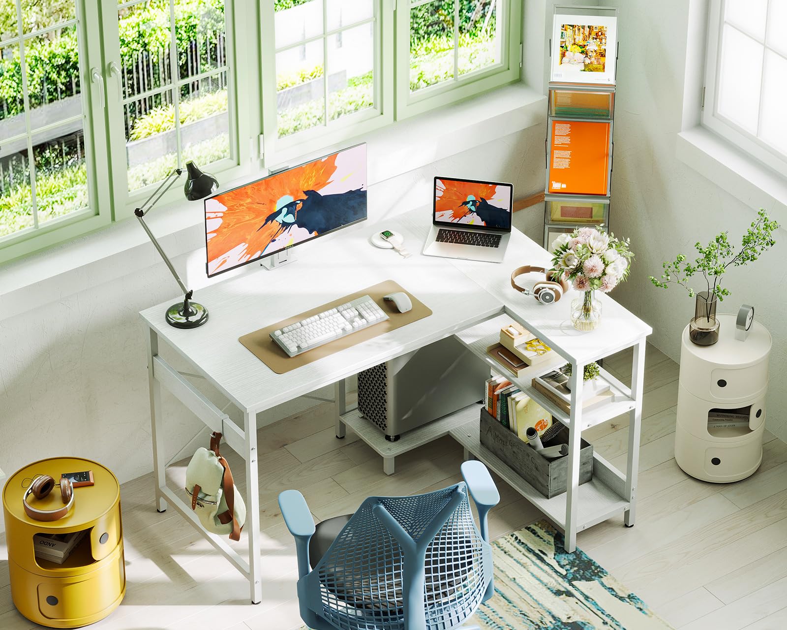 40 Inch Small L-Shaped Computer Desk with Reversible Storage Shelves - Modern Corner Writing Study Table with Iron Hook, White - Perfect for Home Office, Gaming & Small Spaces