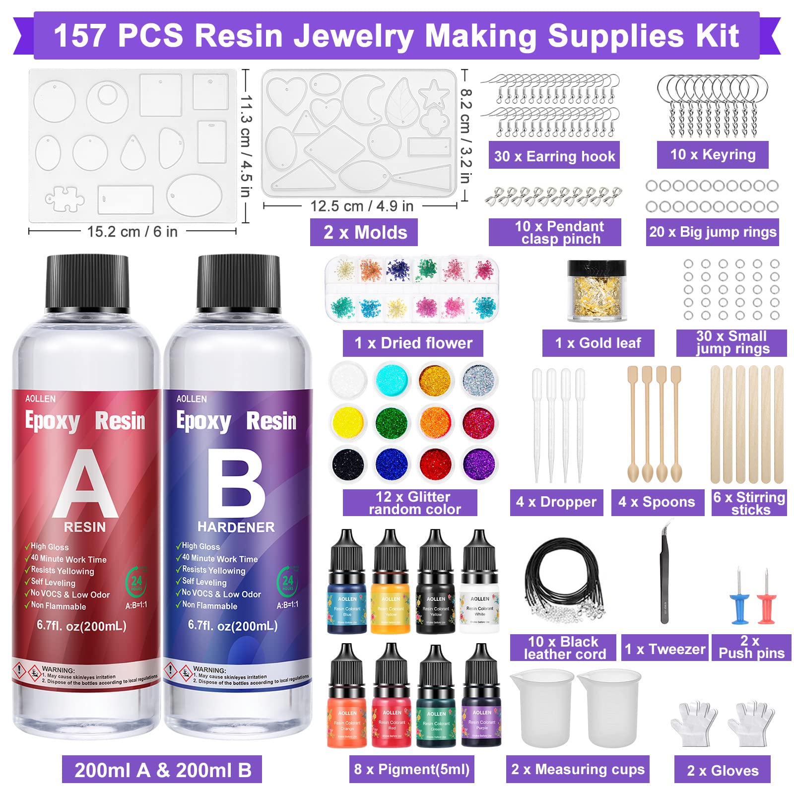 AOLLEN Epoxy Resin Kit for Beginners - 400ml Crystal Clear Resin with Molds, Pigments, Glitter, Gold Leaf & Dried Flowers - DIY Jewelry Making Starter Kit - Perfect for Crafting Pendants, Earrings, and Home Decor