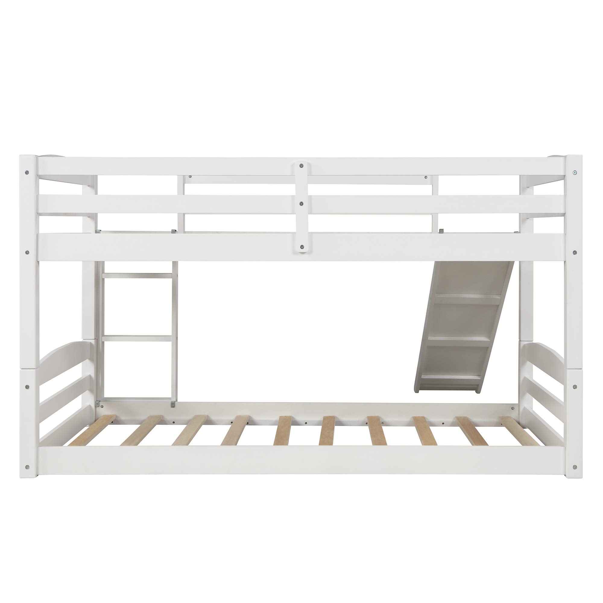 Kids Twin Bunk Beds with Slide & Built-in Ladder - Convertible Wooden Low Profile Bunk Bed for Children, No Box Spring Needed (White) - Perfect for Small Bedrooms, Shared Kids Rooms & Sleepovers