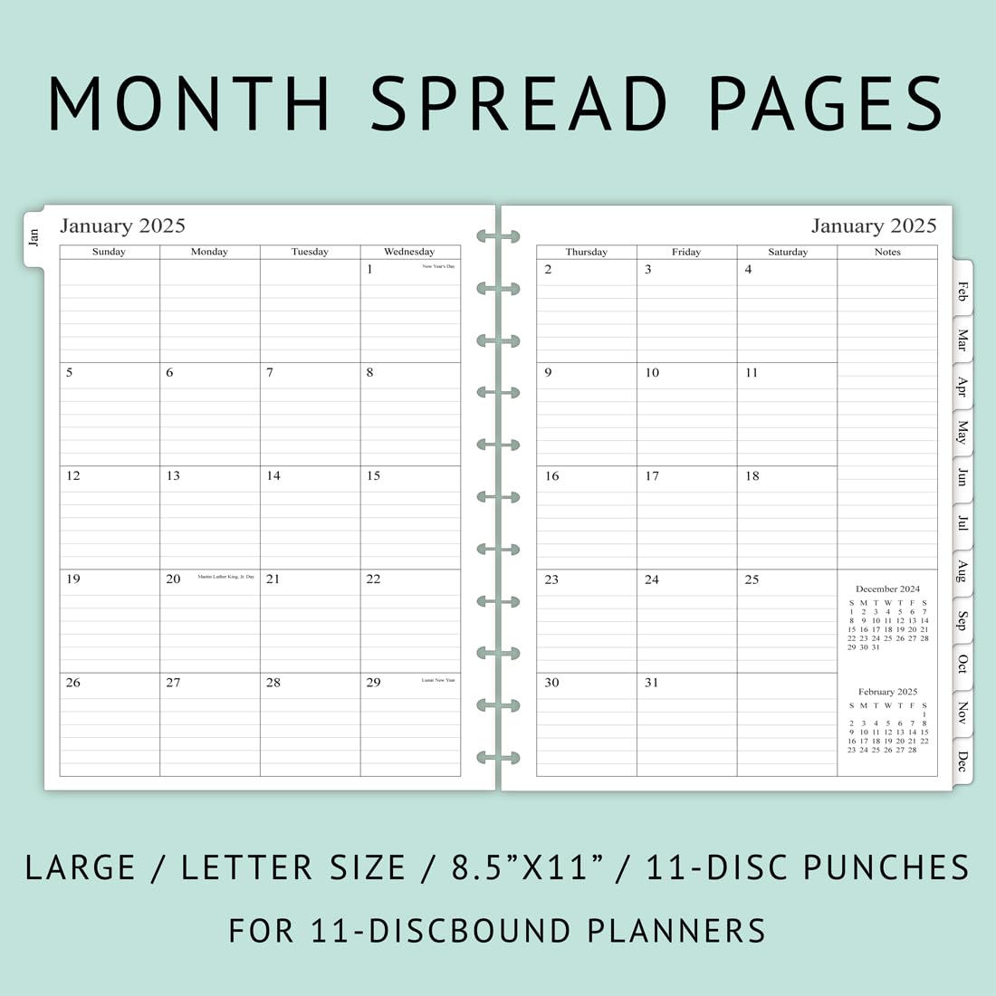 Newestor 2025 Monthly Planner Refill for 11-Disc Letter Size Discbound Notebooks | Jan 2025-Dec 2025 Calendar | 8.5