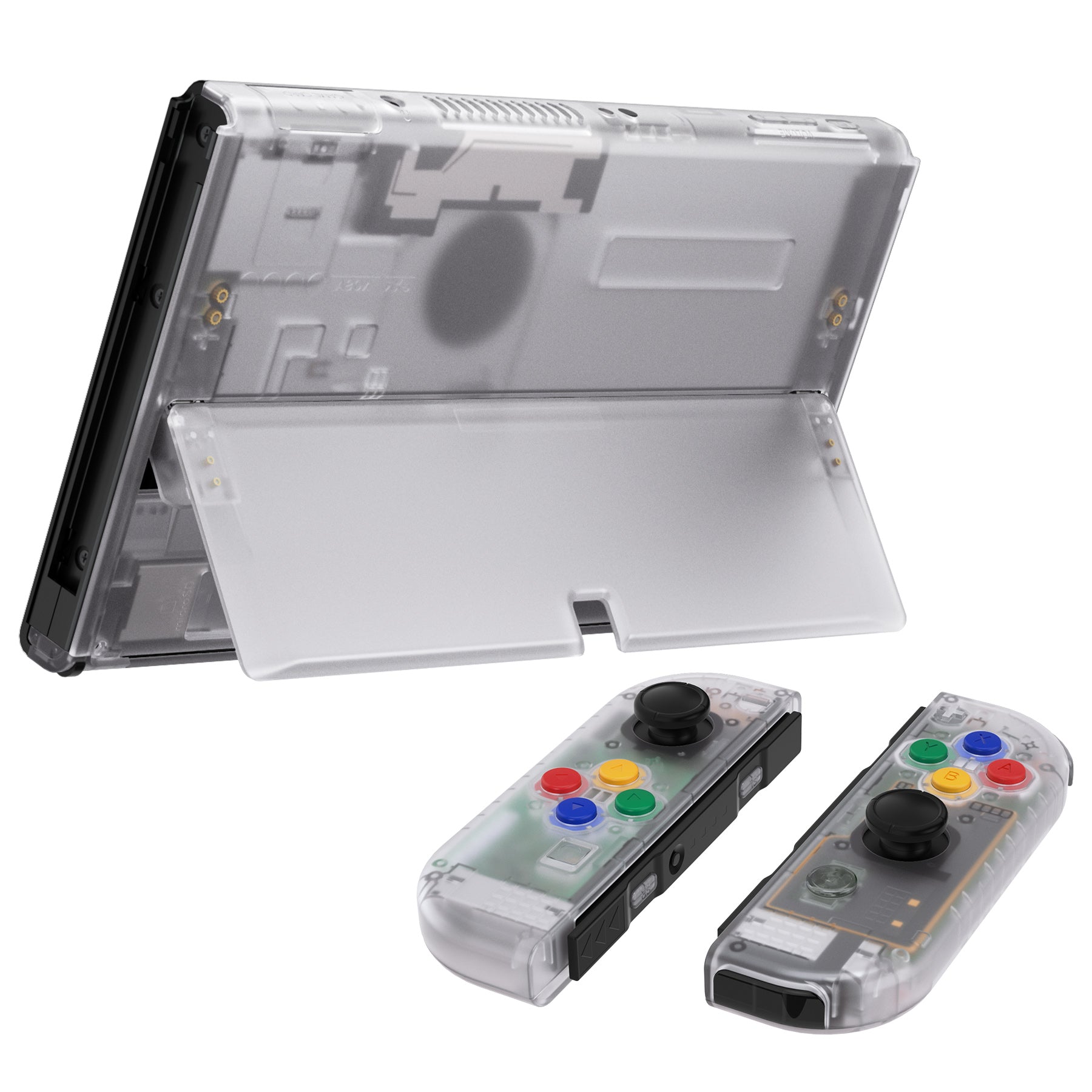 eXtremeRate Clear Full Shell Replacement Kit for Nintendo Switch OLED - DIY Back Plate, Kickstand & Joycon Controller Housing with Colorful Buttons (Model QNSOM5001) | Perfect for Gaming Enthusiasts & Custom Modders
